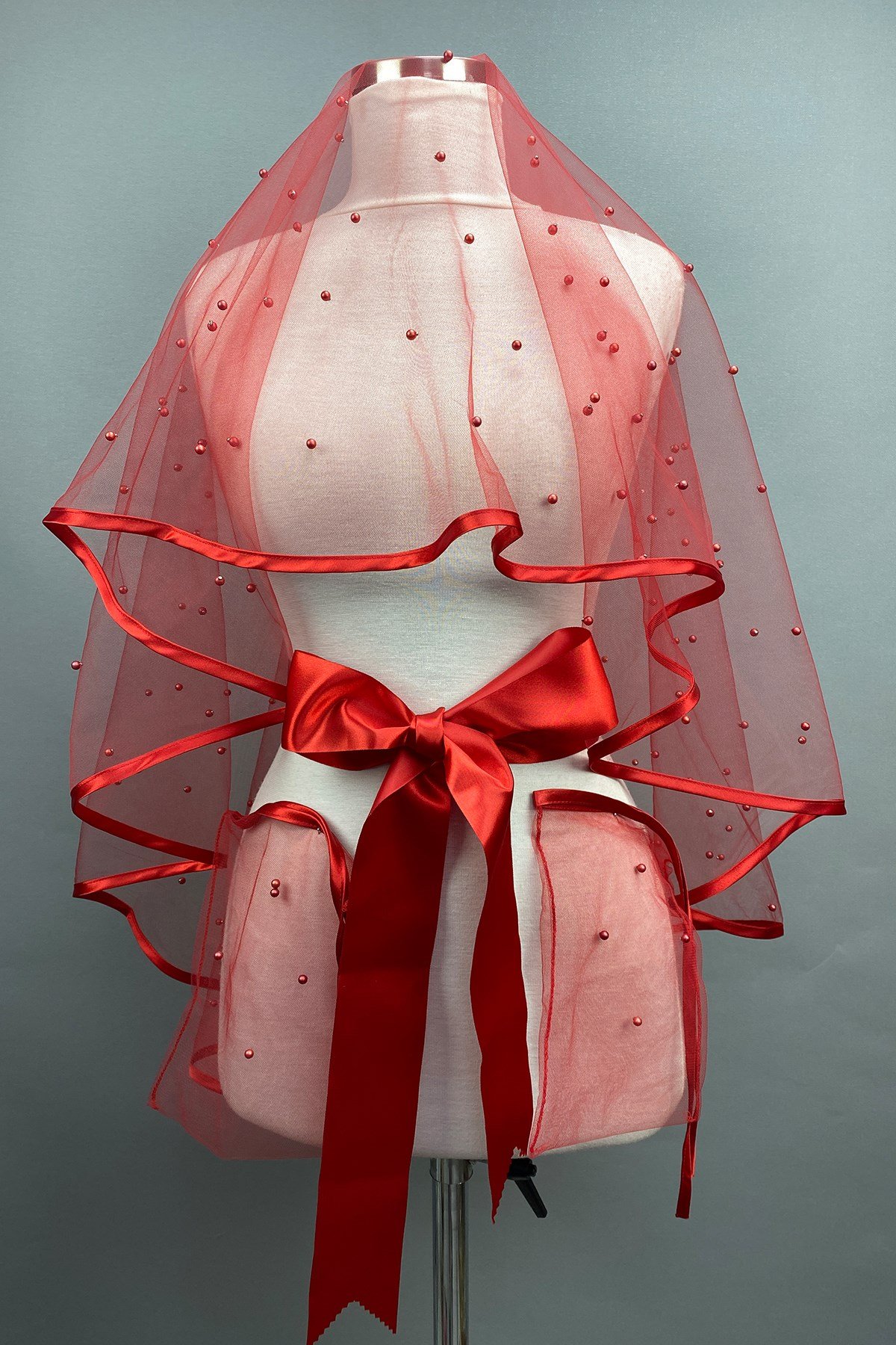 Kırmızı İncili Biyeli Gelin Duvağı Kına Yüz Örtüsü