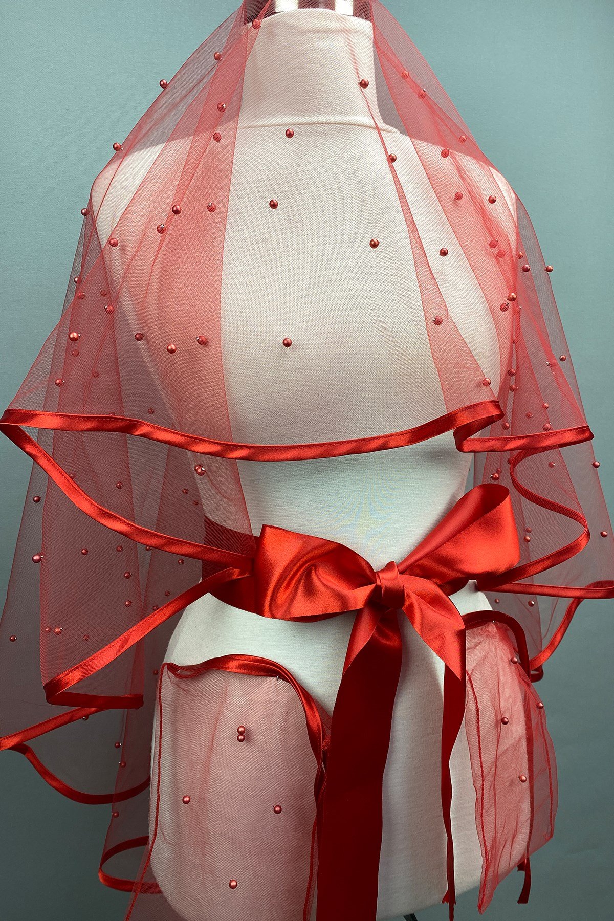 Kırmızı İncili Biyeli Gelin Duvağı Kına Yüz Örtüsü