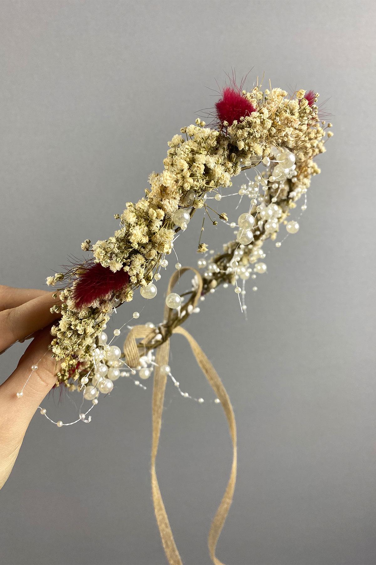 Kırmızı Krem Cipsolu İncili Ve Pamuk Otlu Gelin Dış Çekim Tacı