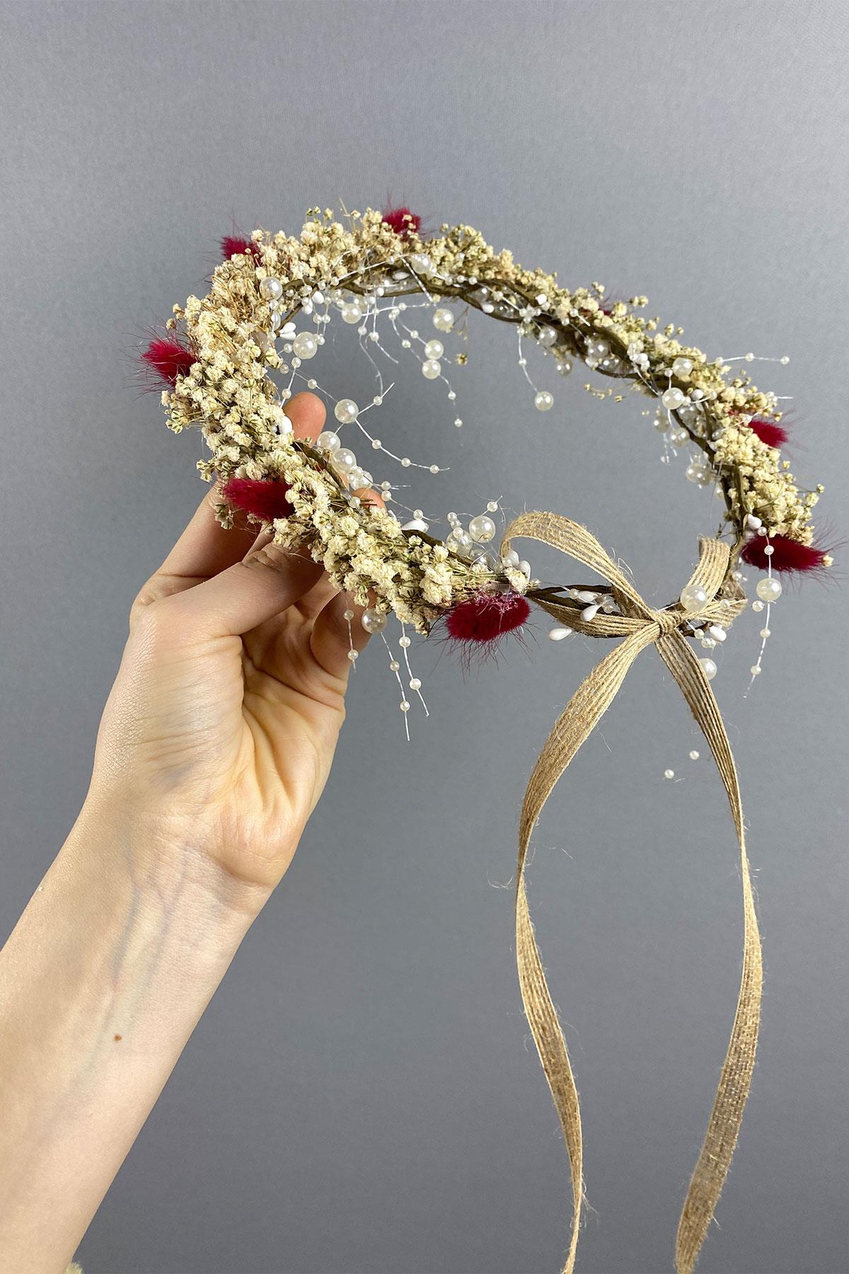 Kırmızı Krem Cipsolu İncili Ve Pamuk Otlu Gelin Dış Çekim Tacı