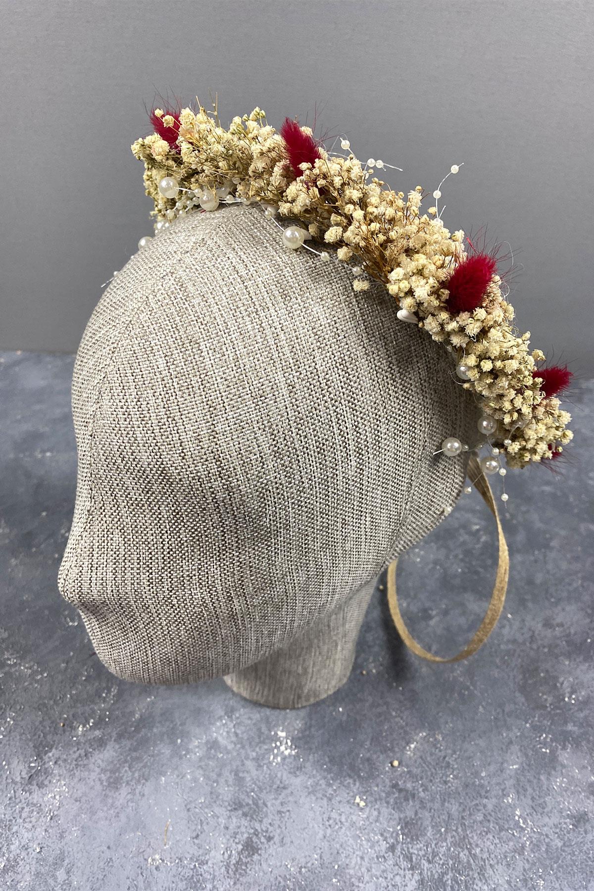 Kırmızı Krem Cipsolu İncili Ve Pamuk Otlu Gelin Dış Çekim Tacı