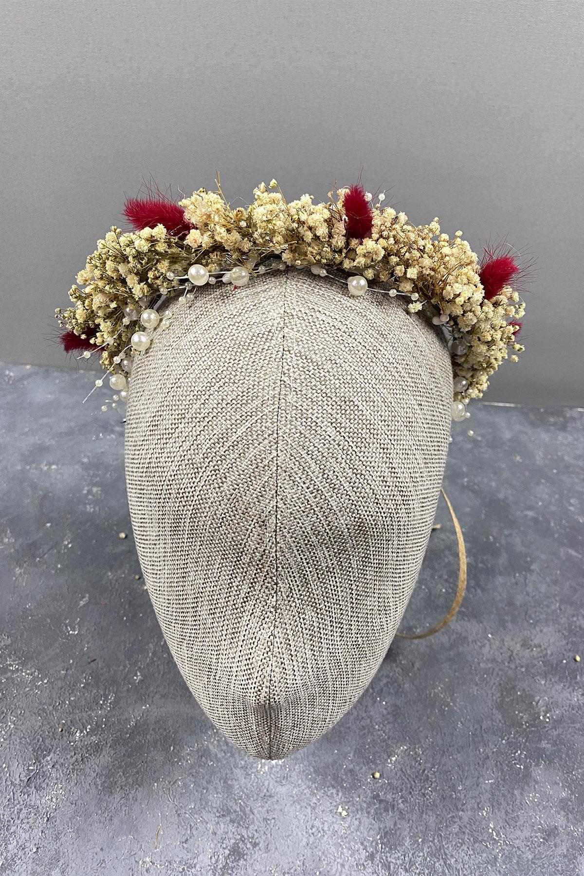 Kırmızı Krem Cipsolu İncili Ve Pamuk Otlu Gelin Dış Çekim Tacı