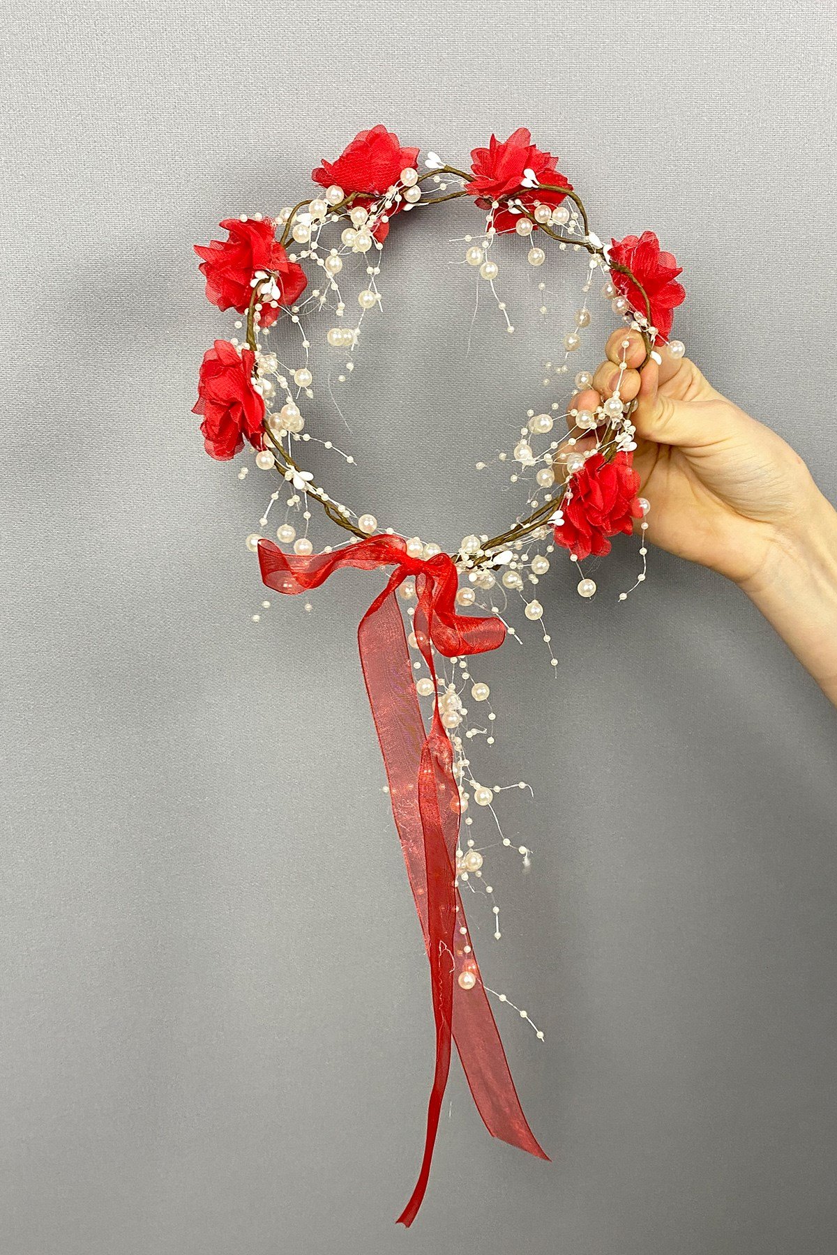 Kırmızı Lazer Çiçekli Özel Tasarım Nedime Tacı 