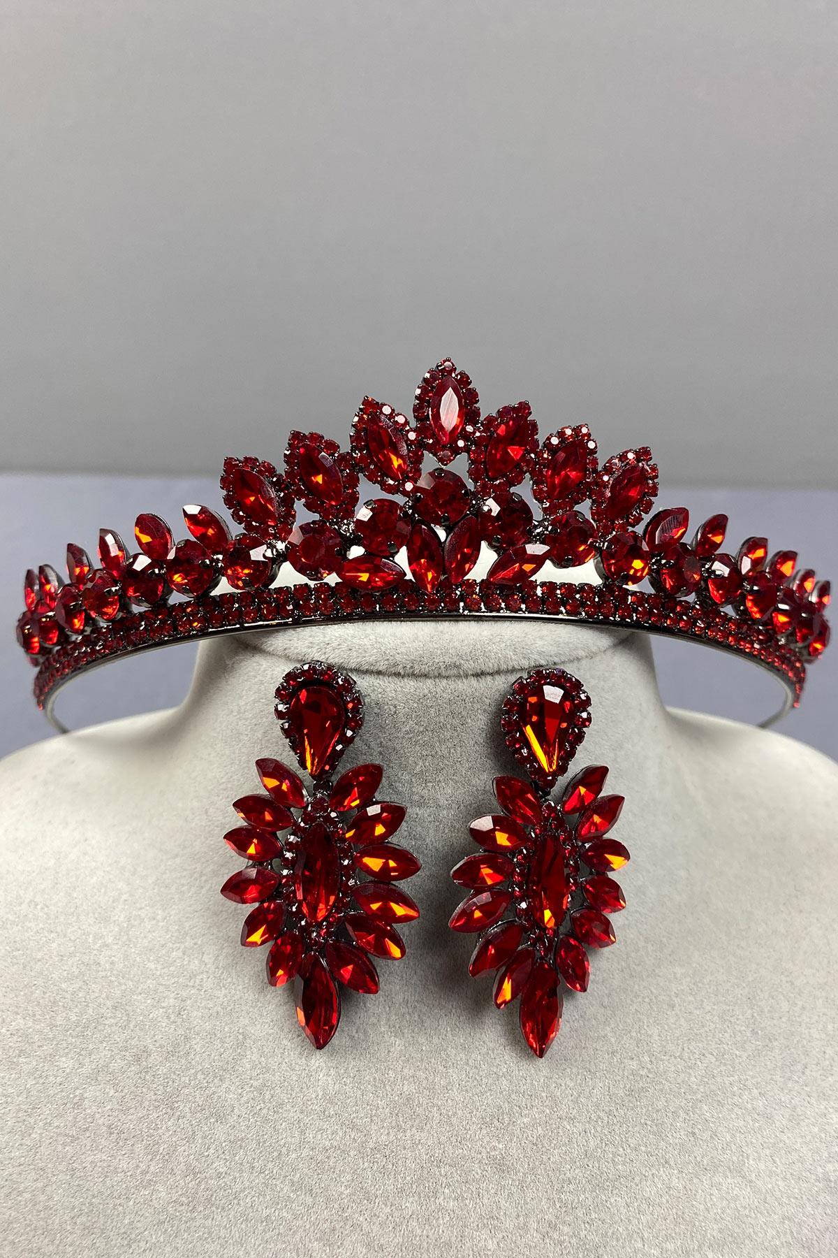 Kırmızı Leyn Gelin Kına Tacı Ve İnce Mekik Taşlı Küpe