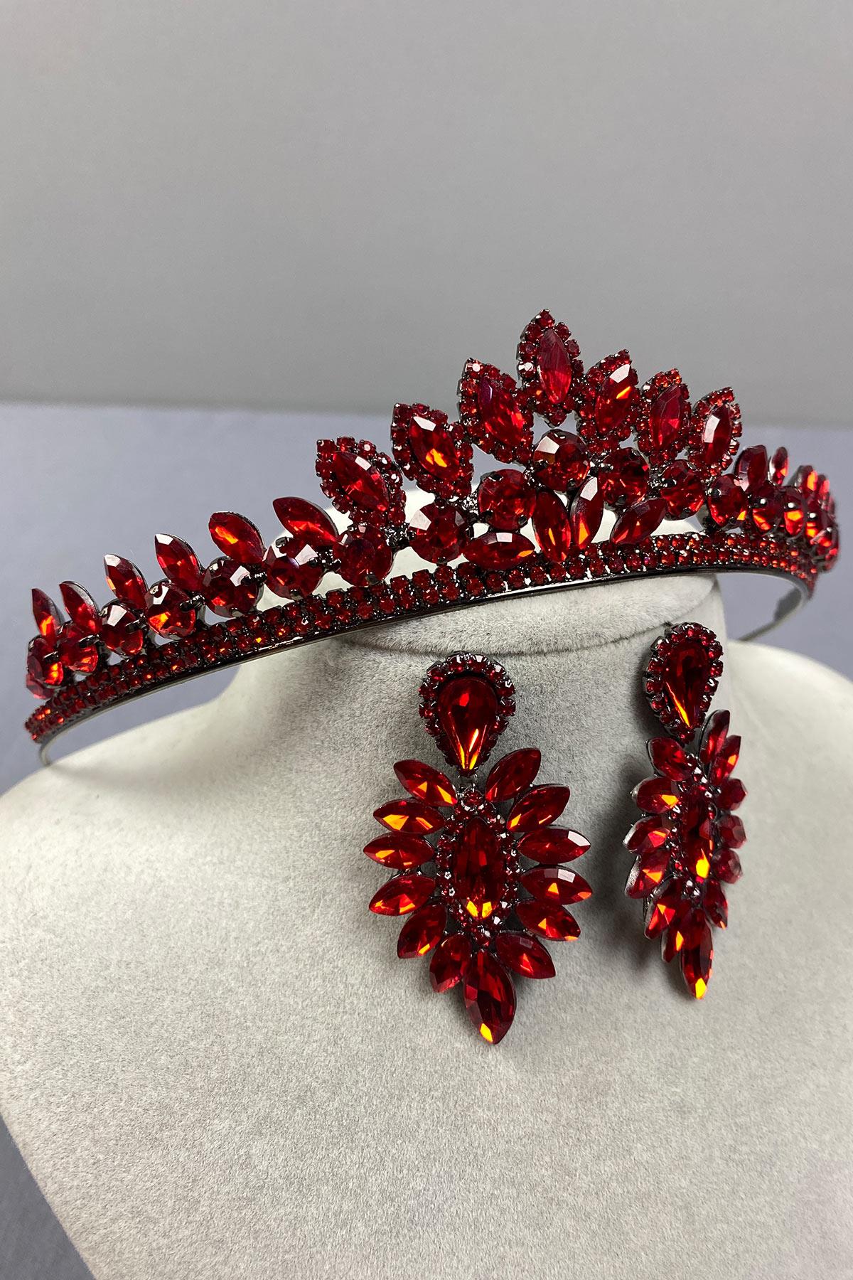 Kırmızı Leyn Gelin Kına Tacı Ve İnce Mekik Taşlı Küpe