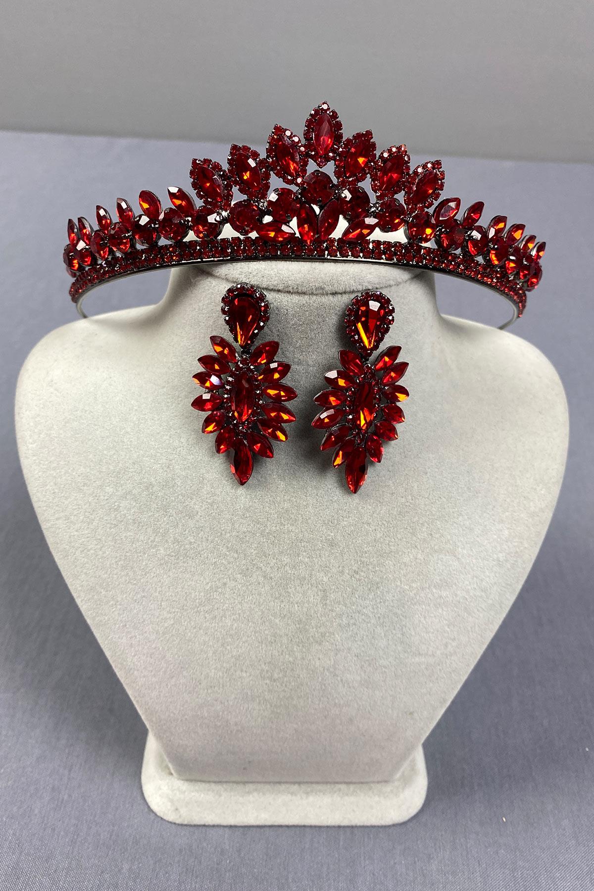 Kırmızı Leyn Gelin Kına Tacı Ve İnce Mekik Taşlı Küpe