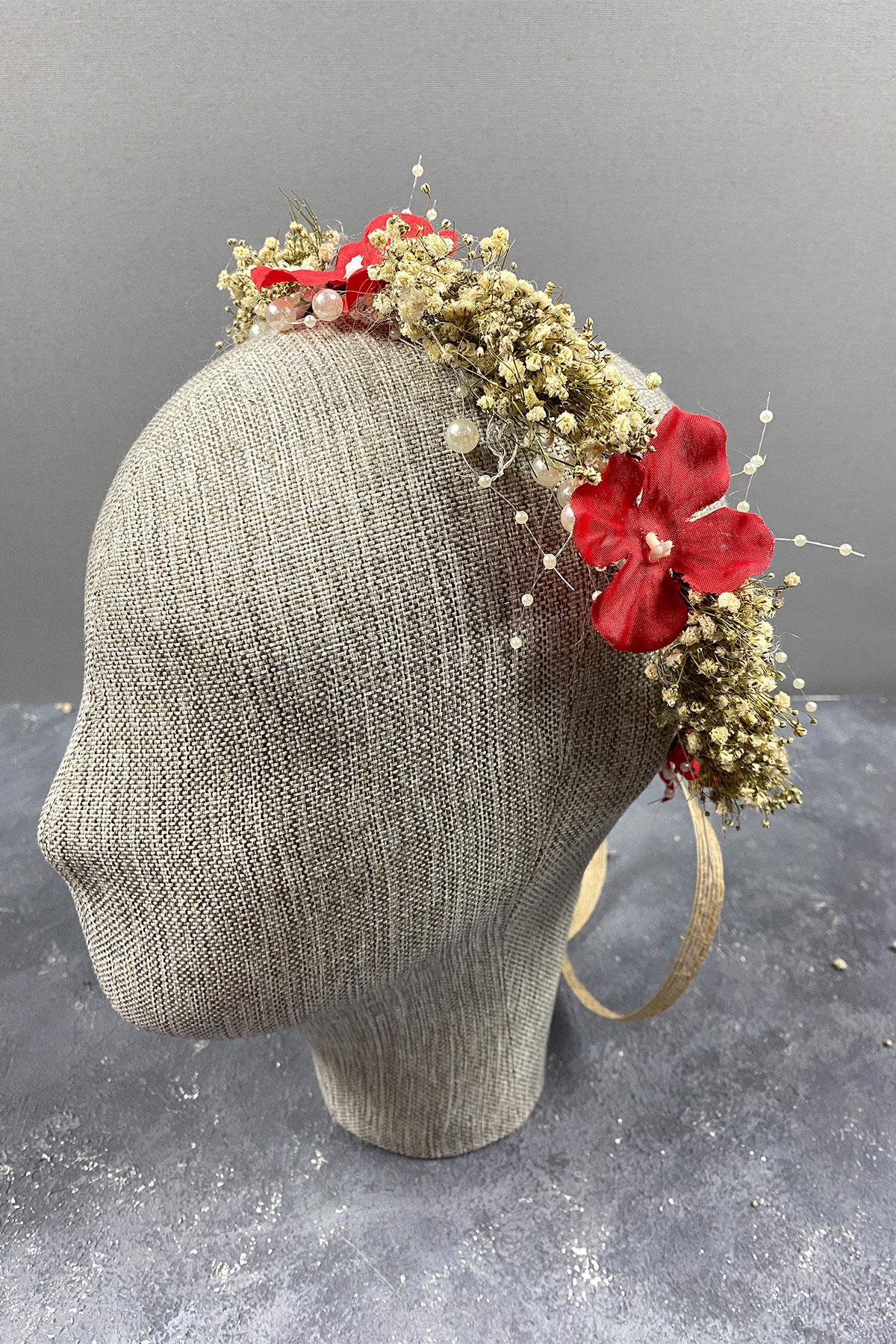 Kırmızı  Ortanca Ve Şoklanmış Cipso Kuru Çiçekli İncili Gelin Tacı
