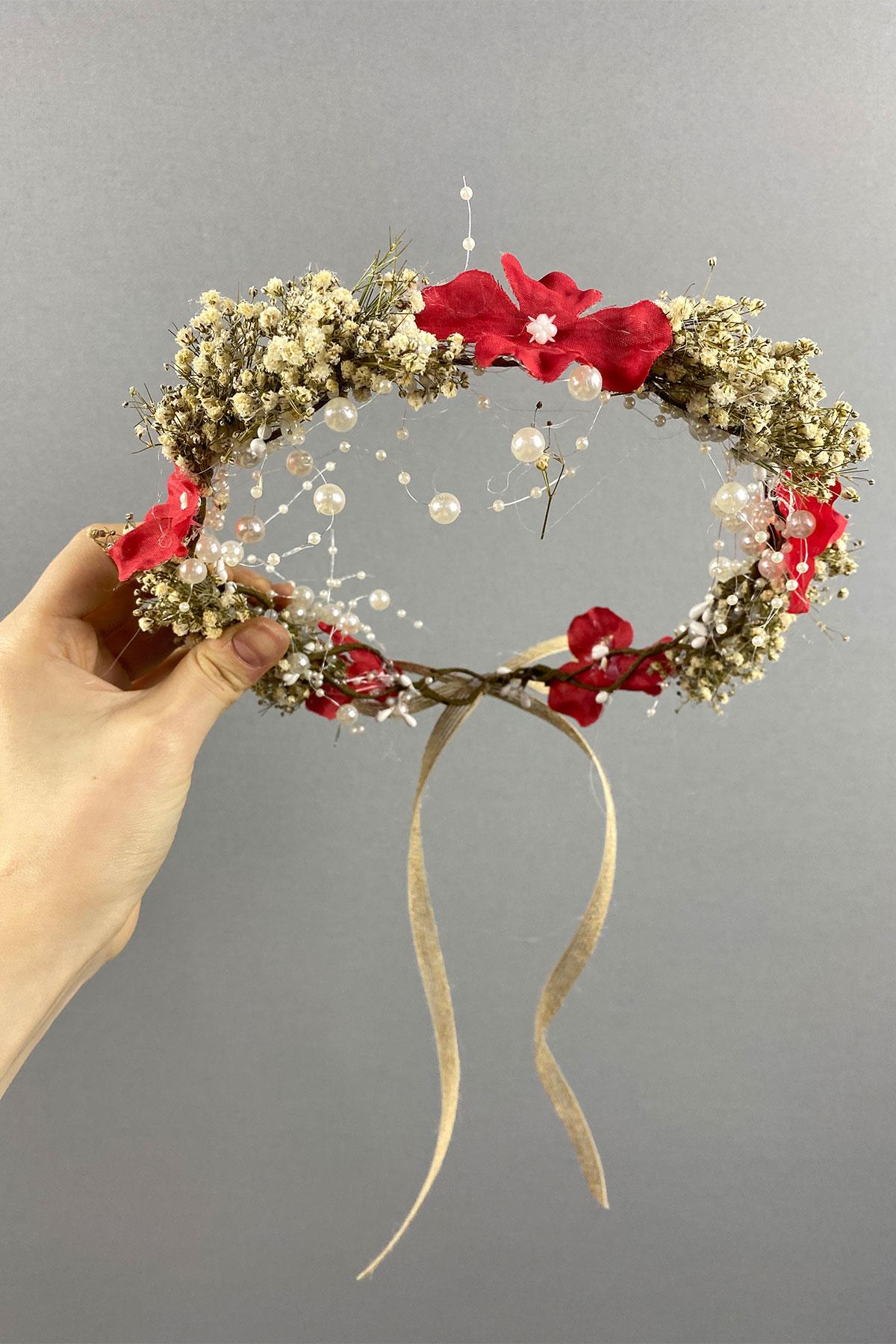 Kırmızı  Ortanca Ve Şoklanmış Cipso Kuru Çiçekli İncili Gelin Tacı