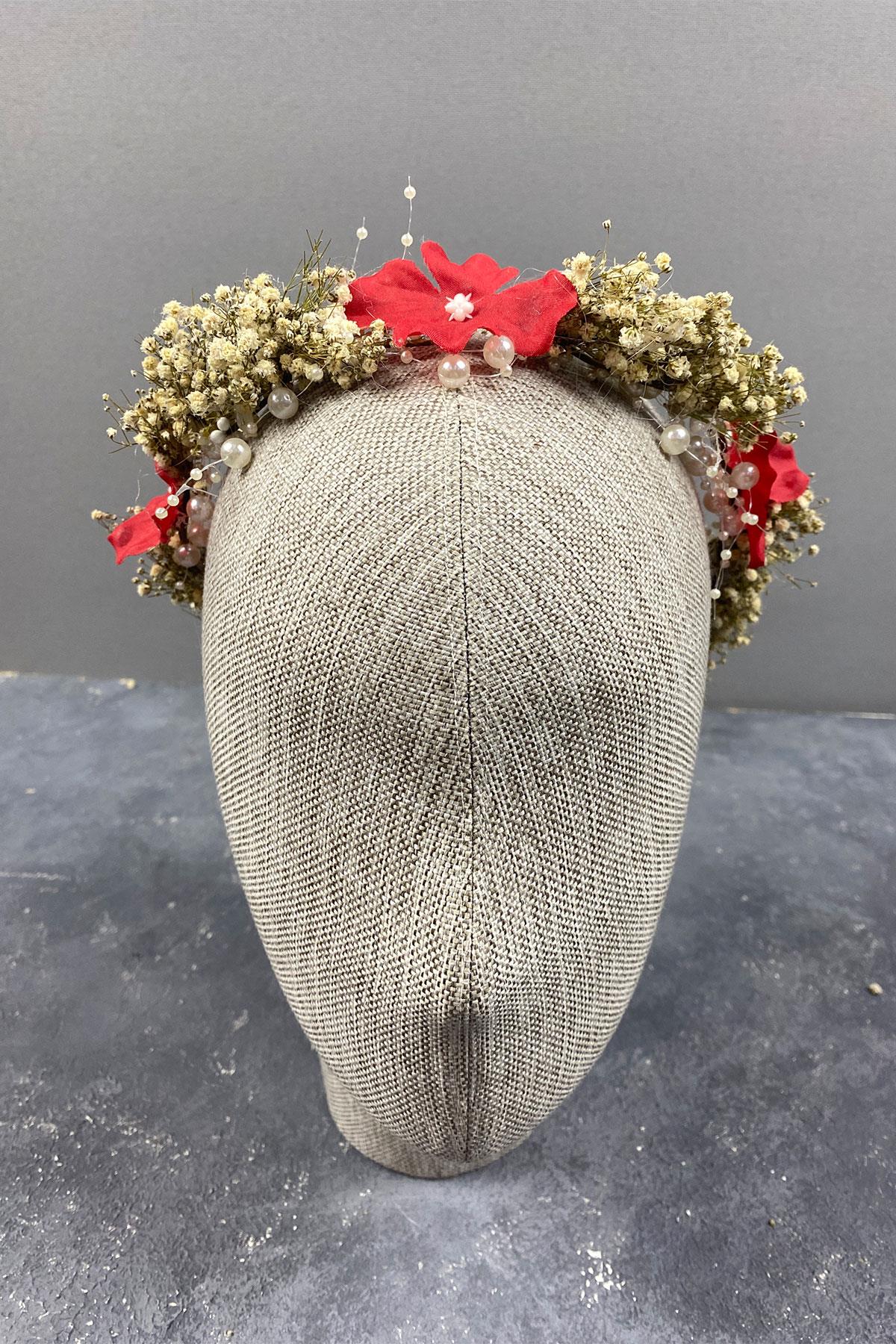 Kırmızı  Ortanca Ve Şoklanmış Cipso Kuru Çiçekli İncili Gelin Tacı