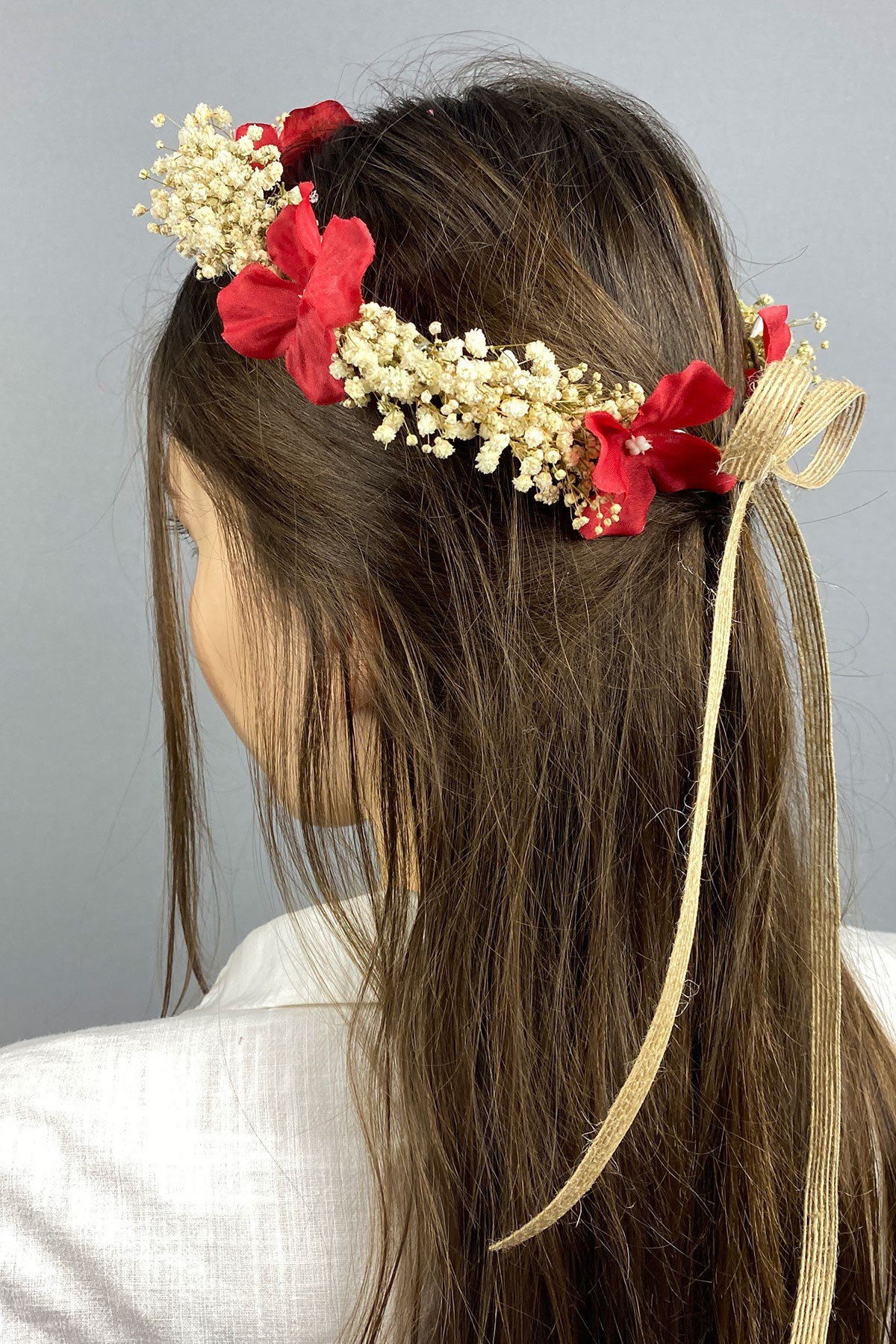 Kırmızı Ortancalı Kuru Çiçekli Dış Çekim Gelin Saç Aksesuarı