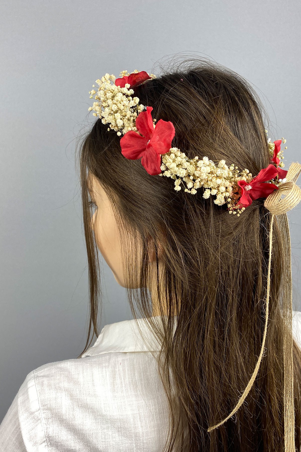 Kırmızı Ortancalı Kuru Çiçekli Dış Çekim Gelin Saç Aksesuarı