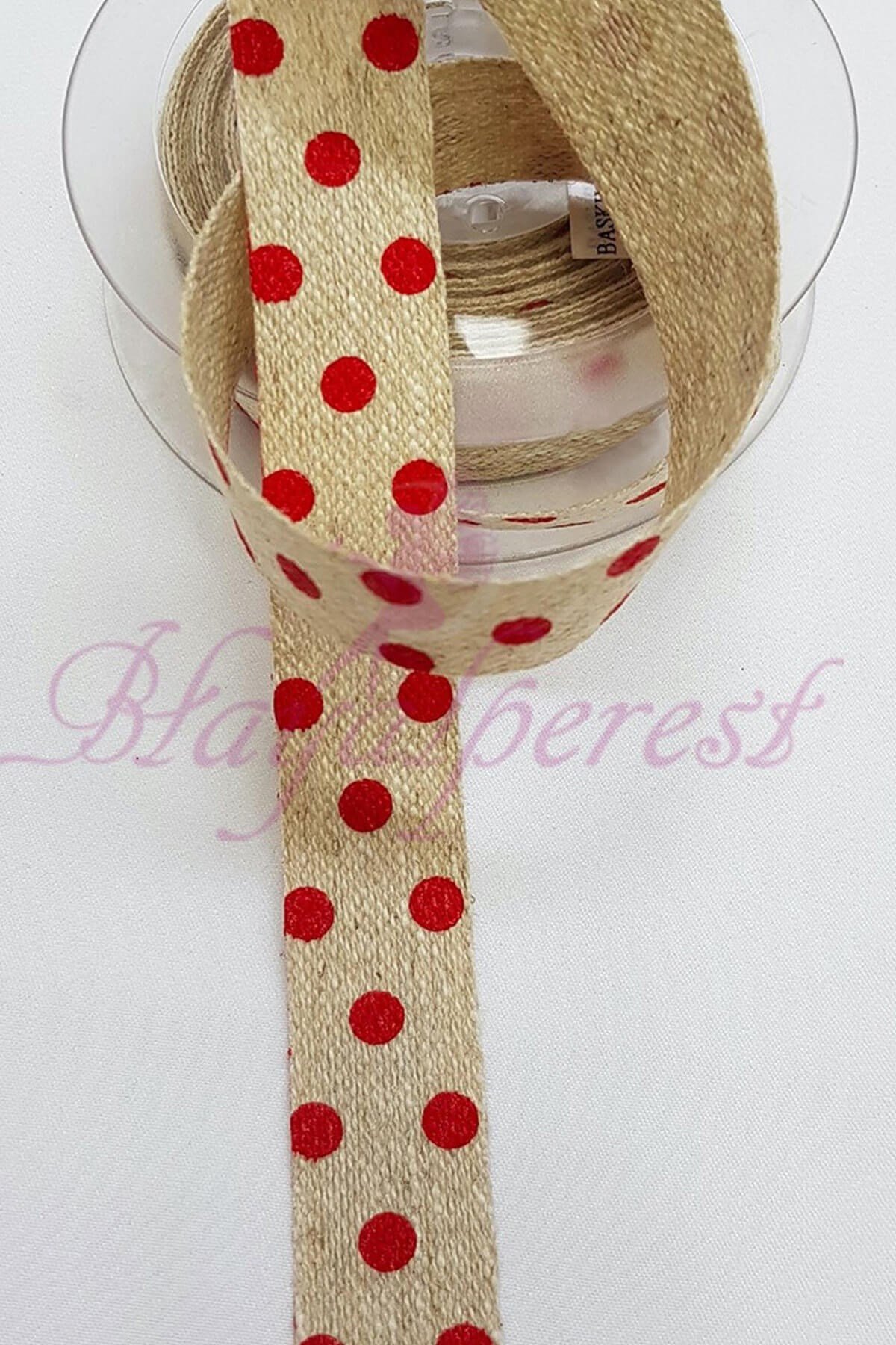 Kırmızı Puantiye Baskılı Keten Kurdele 1,5Cm