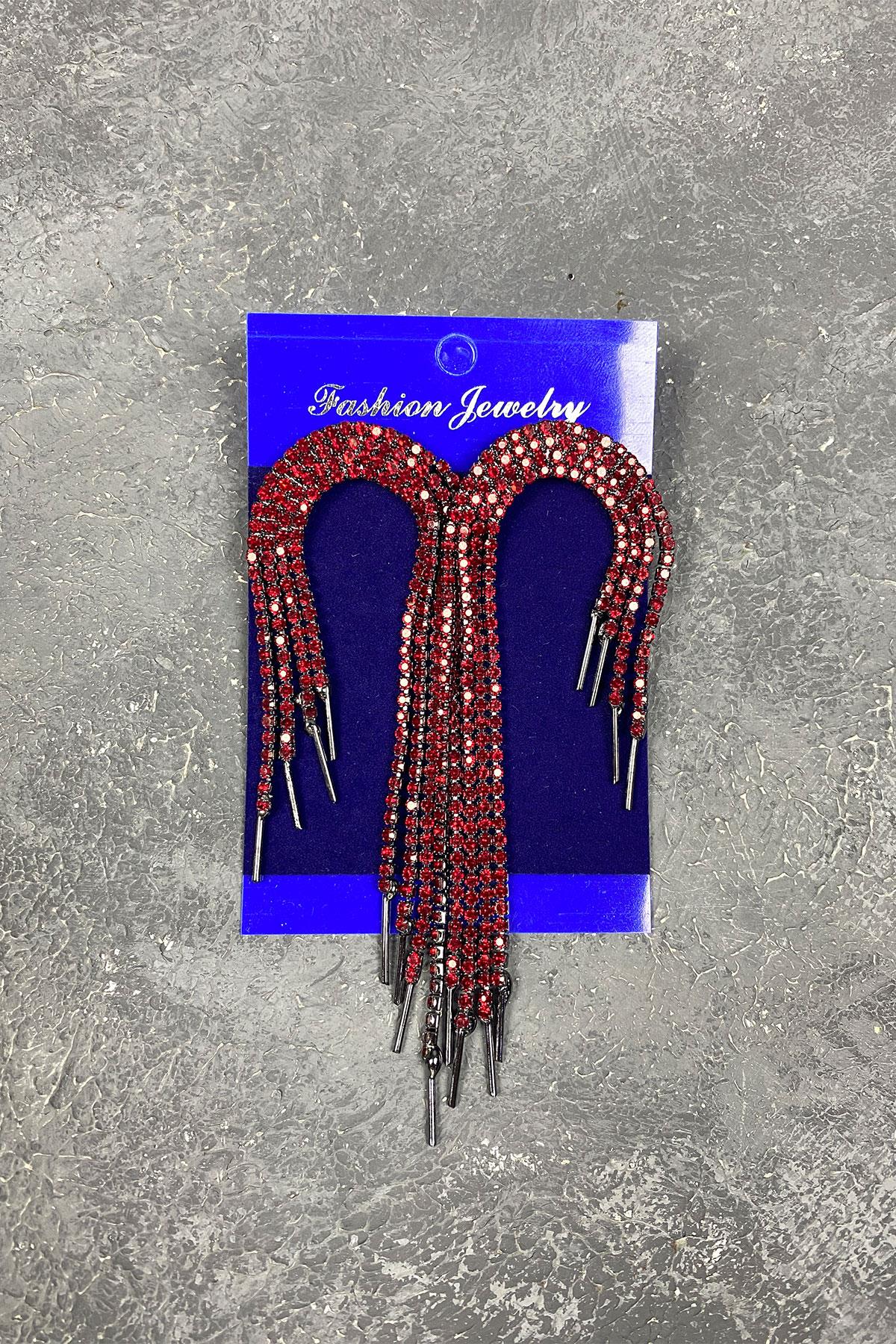 Kırmızı Sallantılı Abiye Taşlı Küpe