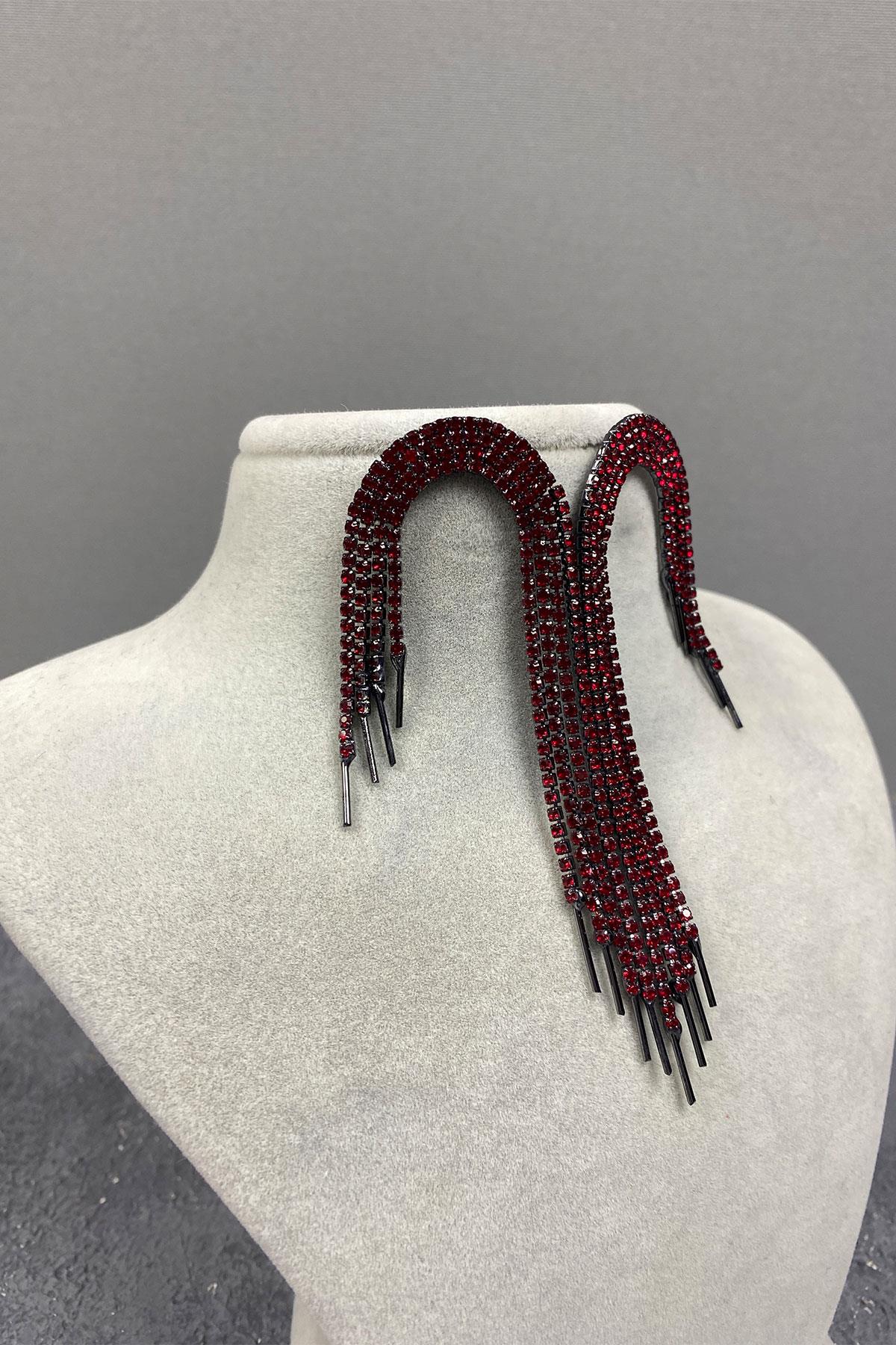 Kırmızı Sallantılı Abiye Taşlı Küpe