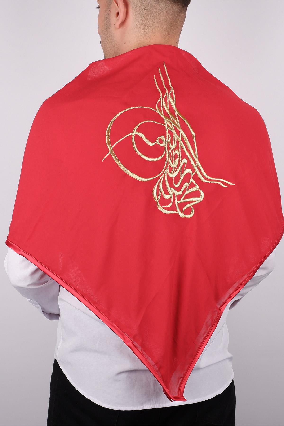 Kırmızı Tuğralı Gold Nakışlı Biyeli Damat Örtüsü