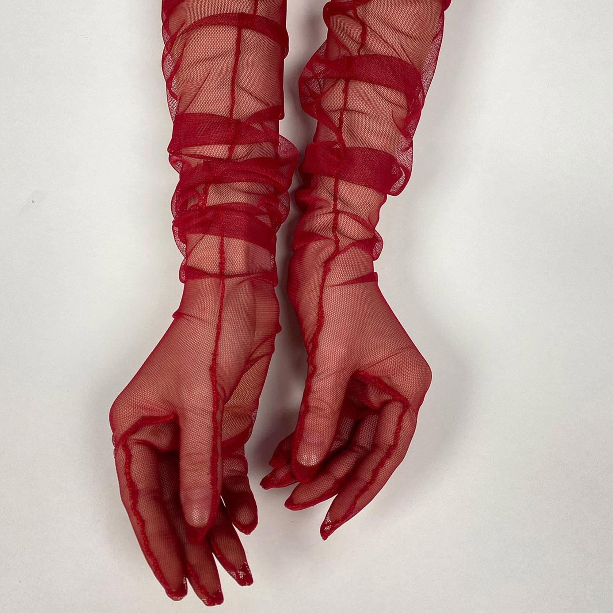 Kırmızı Uzun Şık Gelin Eldiveni Tül Eldiven Nikah/Düğün/Parti Eldiveni