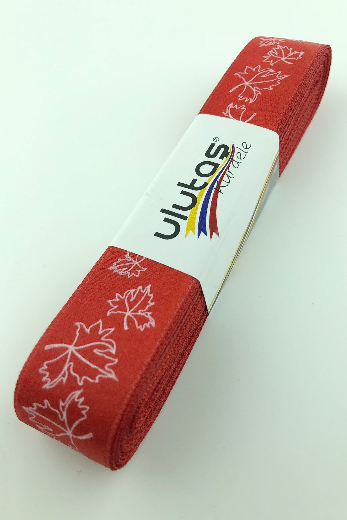 Kırmızı Yaprak Baskılı Saten Kurdele 2,5 cm