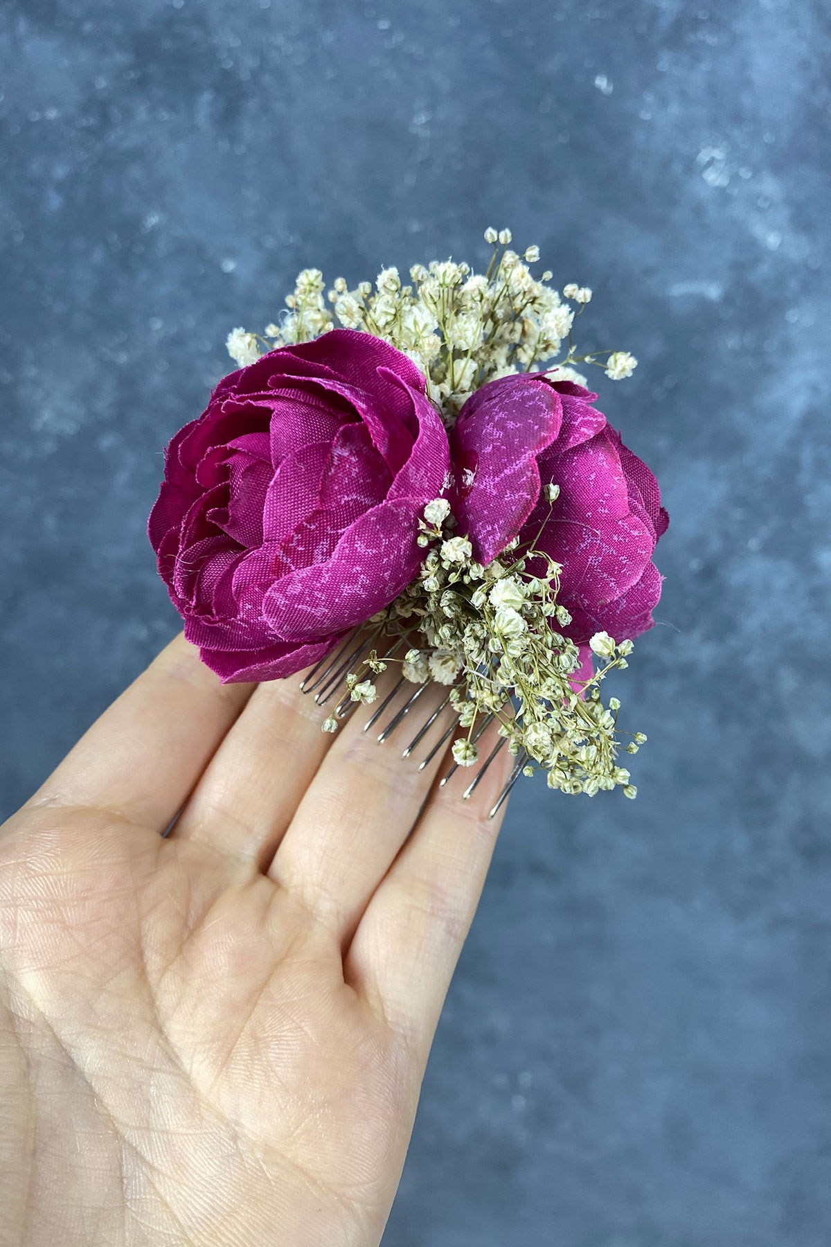 Koyu Fuşya Şakayık Çiçekli Cipsolu Taraklı Saç Tokası