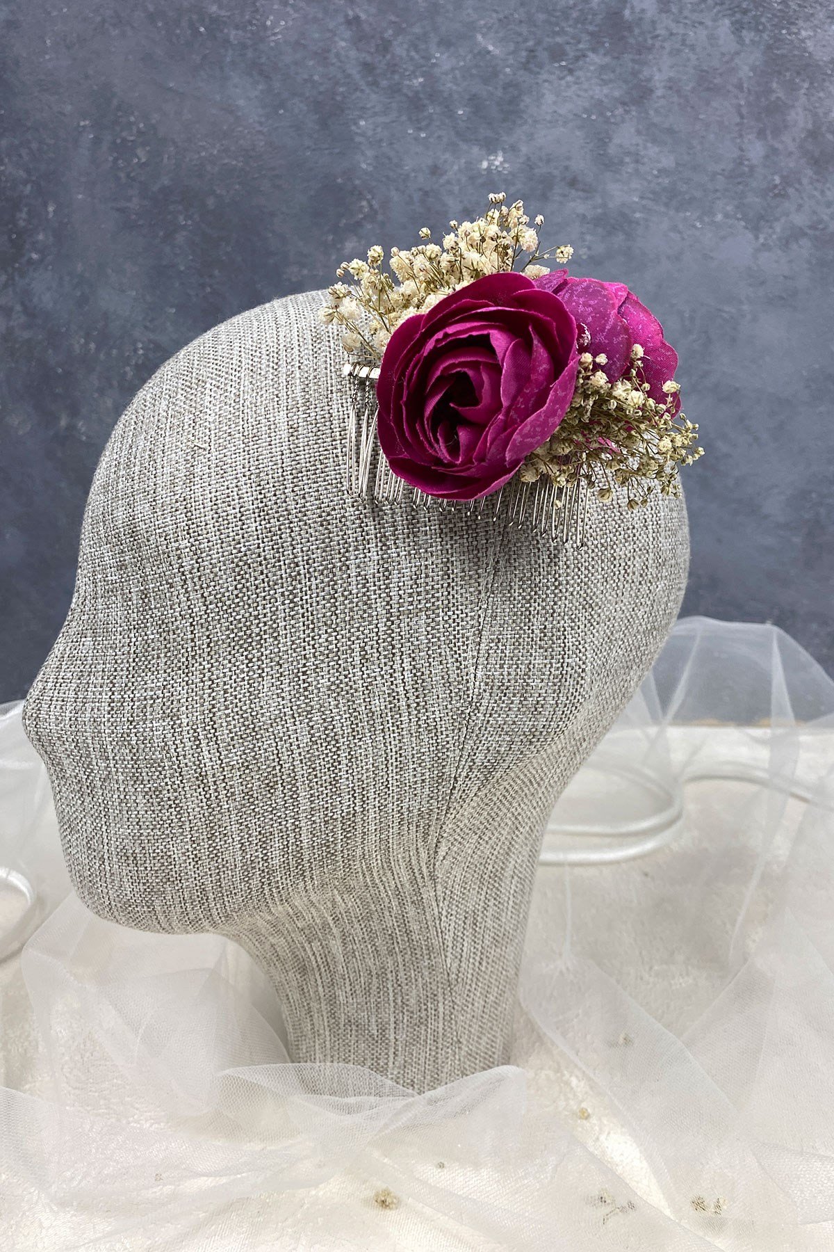 Koyu Fuşya Şakayık Çiçekli Cipsolu Taraklı Saç Tokası