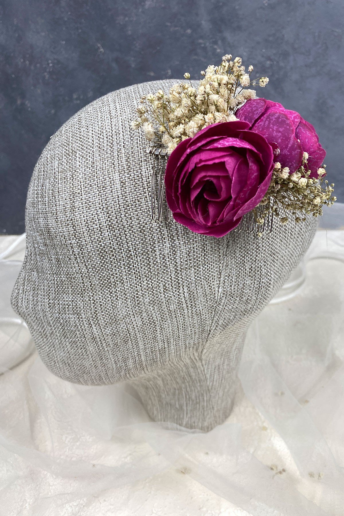 Koyu Fuşya Şakayık Çiçekli Cipsolu Taraklı Saç Tokası