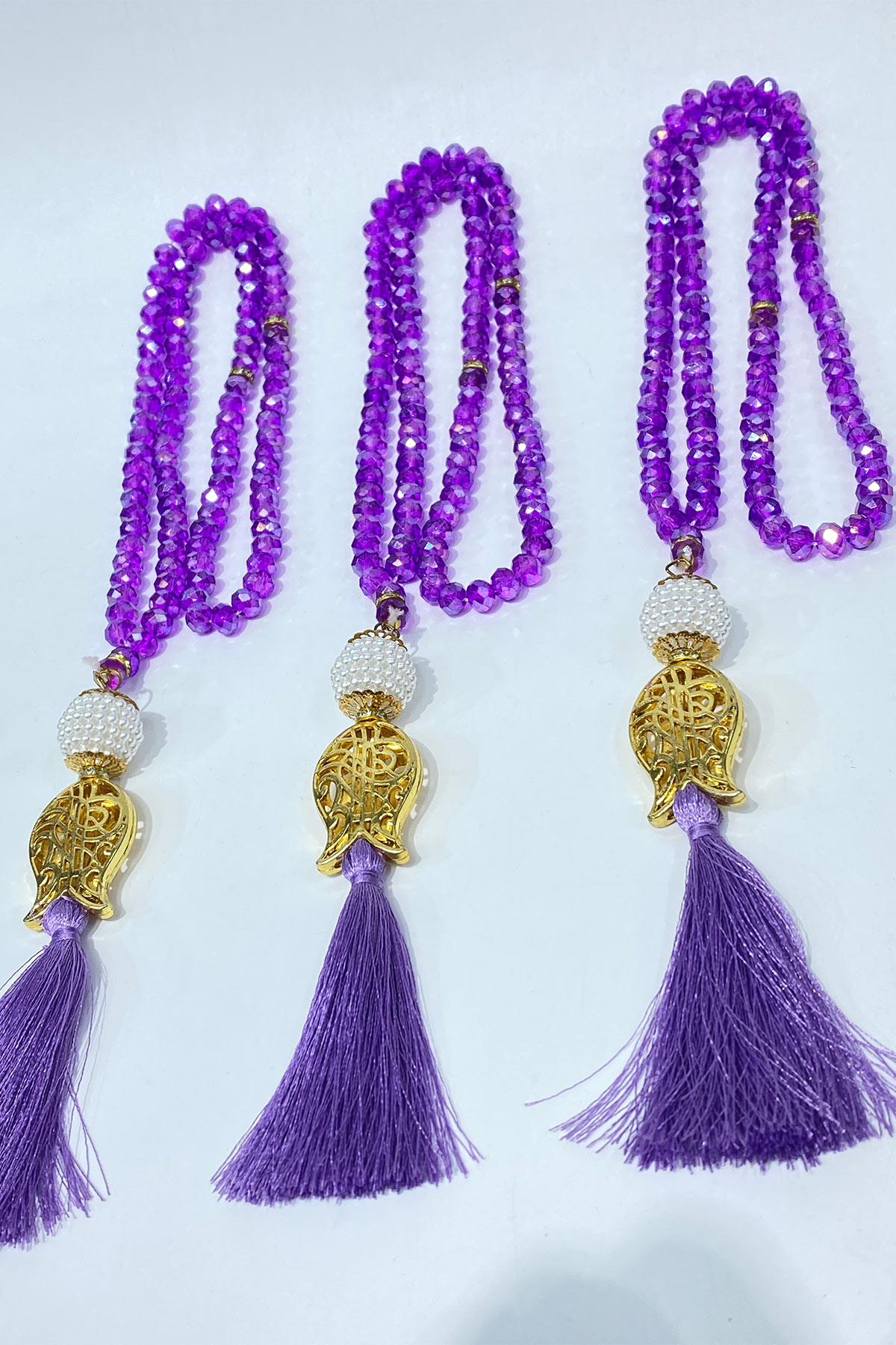 Koyu Lila Hediyelik Laleli Püsküllü Kristal Boncuklu 99 Lu Namaz Tesbihi ( Mevlüt-sünnet-hac-umre)