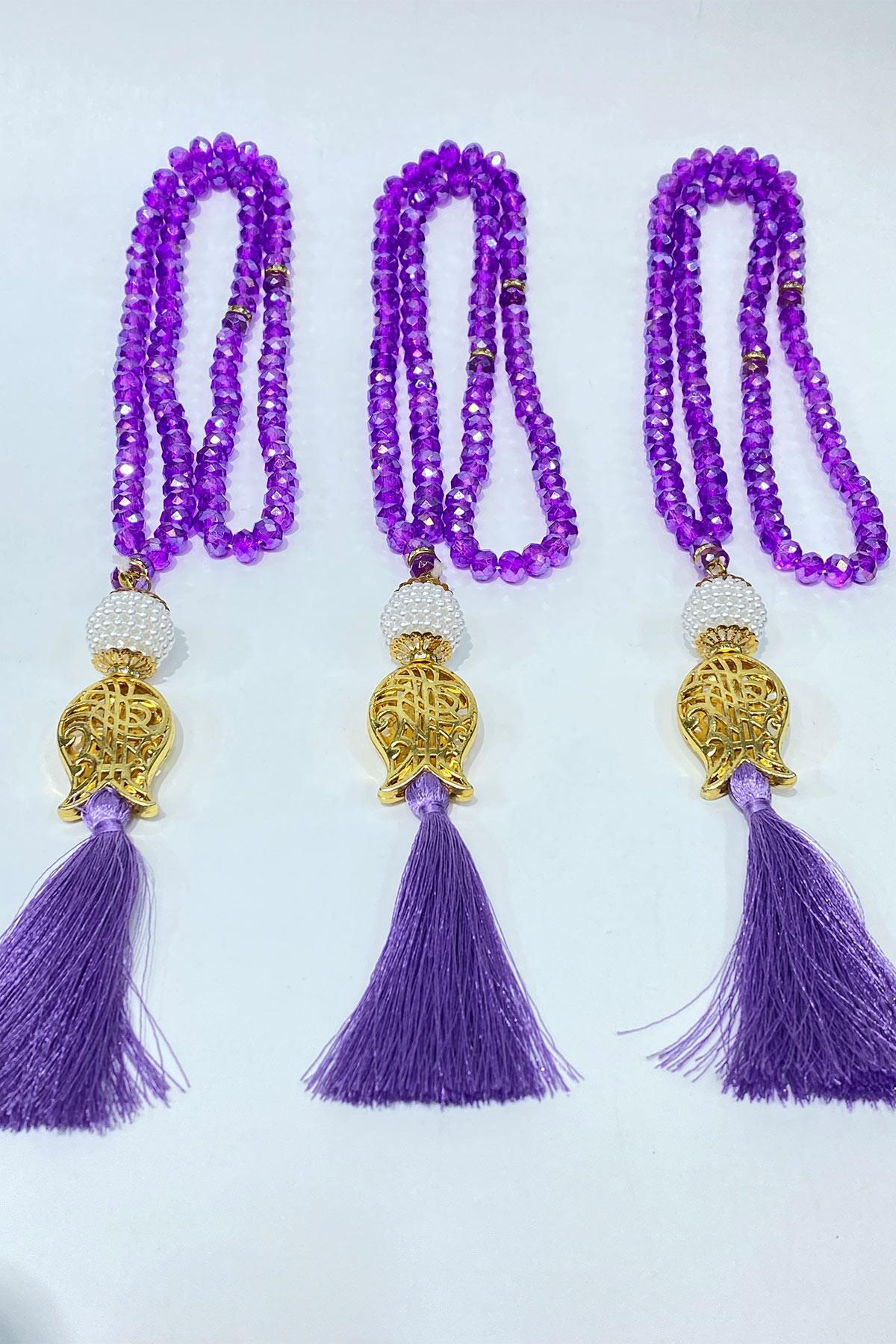 Koyu Lila Hediyelik Laleli Püsküllü Kristal Boncuklu 99 Lu Namaz Tesbihi ( Mevlüt-sünnet-hac-umre)