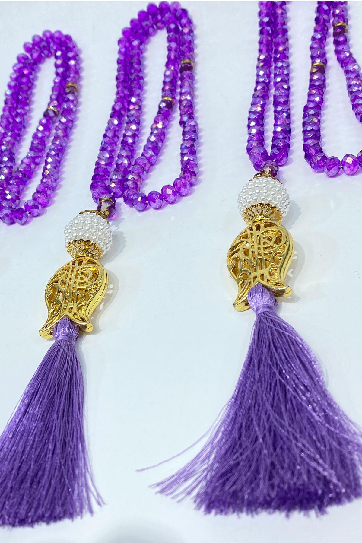 Koyu Lila Hediyelik Laleli Püsküllü Kristal Boncuklu 99 Lu Namaz Tesbihi ( Mevlüt-sünnet-hac-umre)