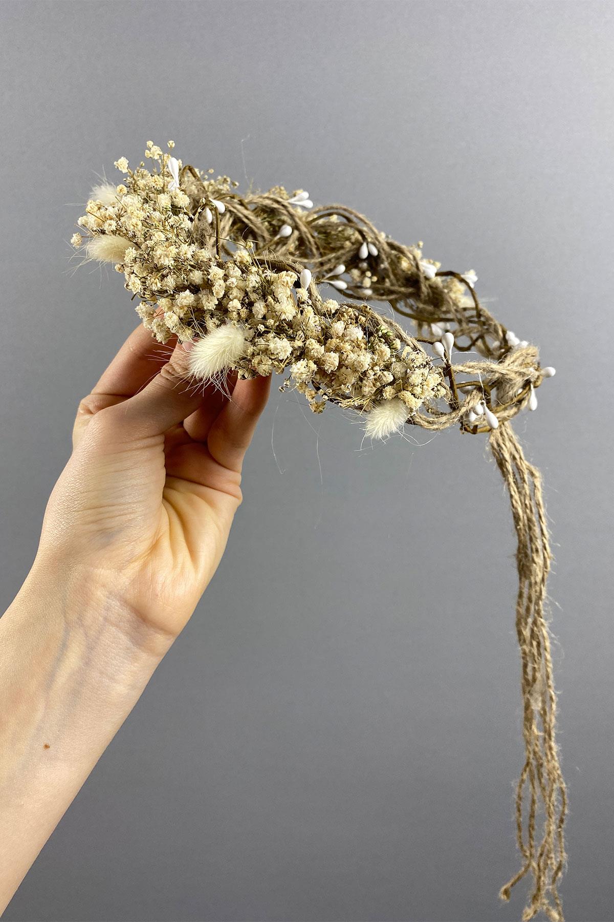 Krem Cipsolu Ve Pamuk Otlu Gelin Dış Çekim Tacı