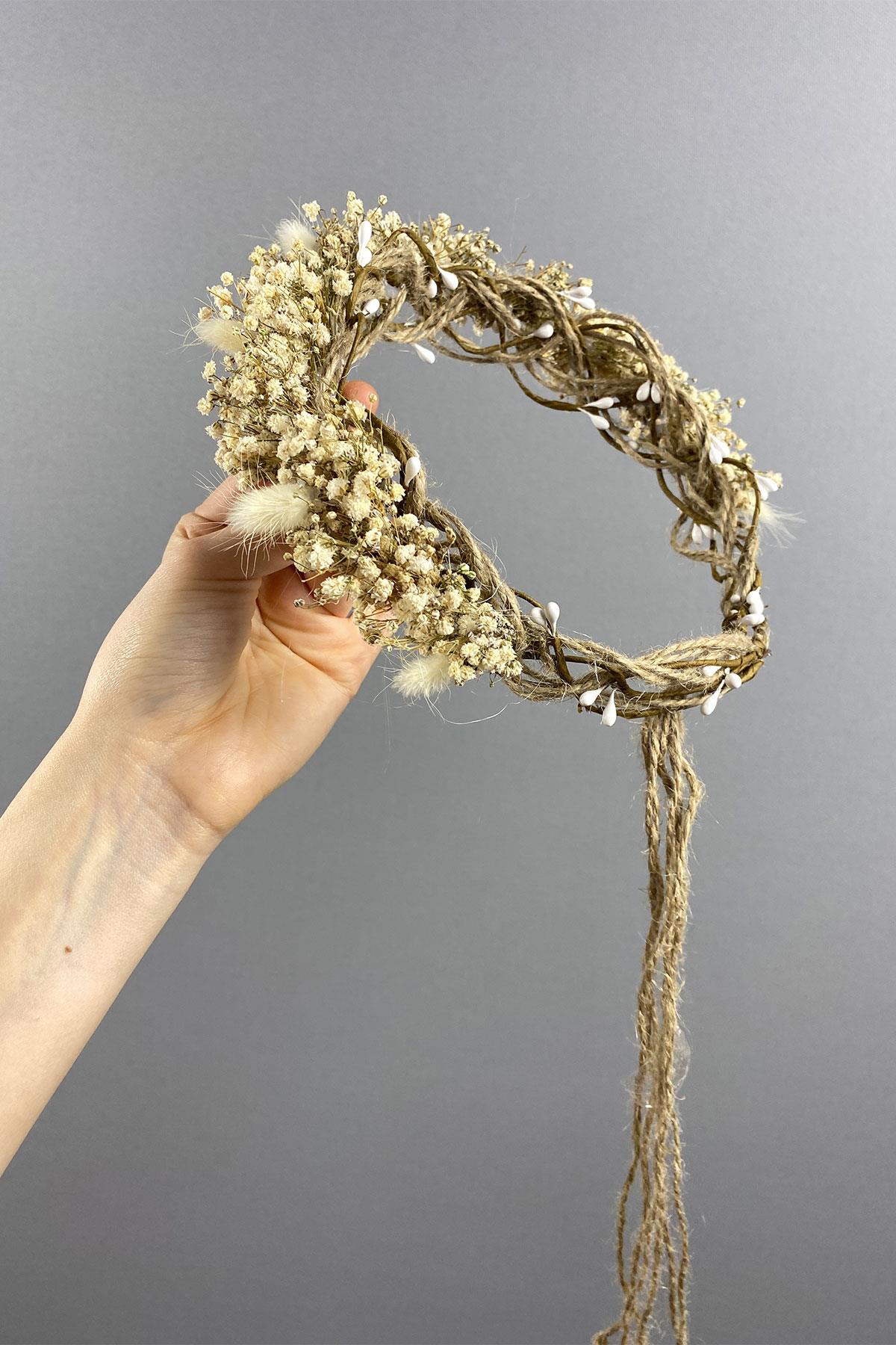 Krem Cipsolu Ve Pamuk Otlu Gelin Dış Çekim Tacı