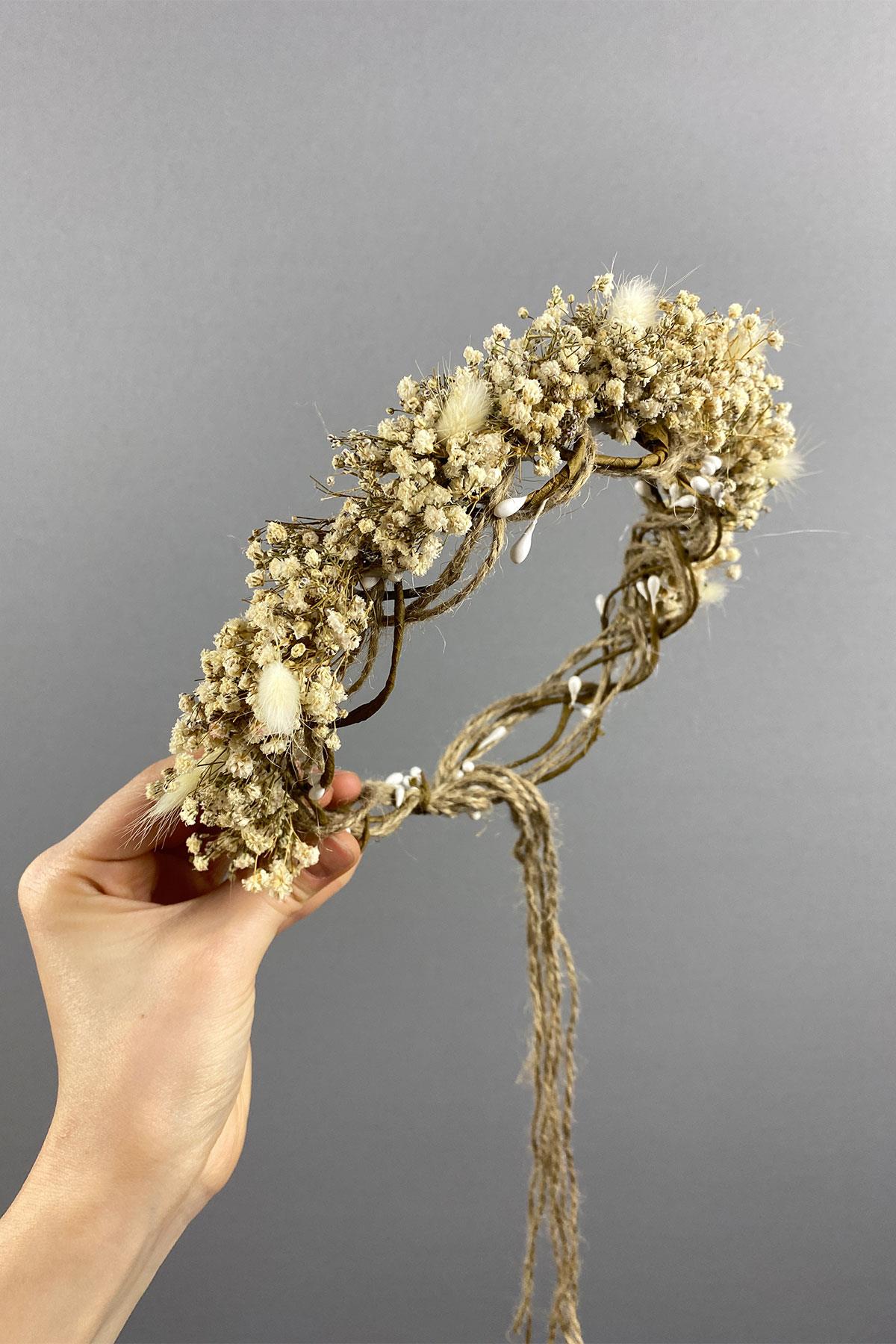 Krem Cipsolu Ve Pamuk Otlu Gelin Dış Çekim Tacı