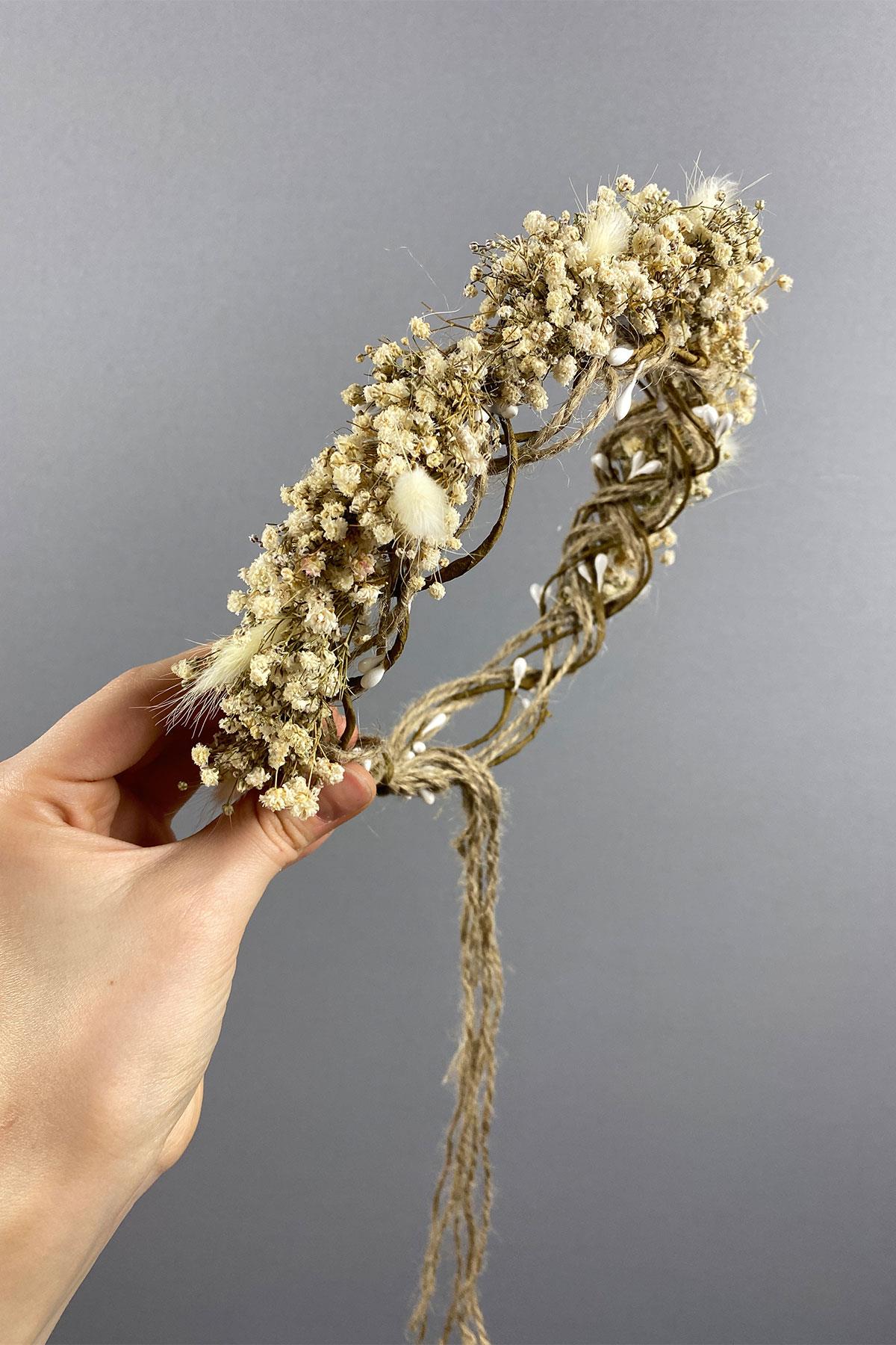 Krem Cipsolu Ve Pamuk Otlu Gelin Dış Çekim Tacı