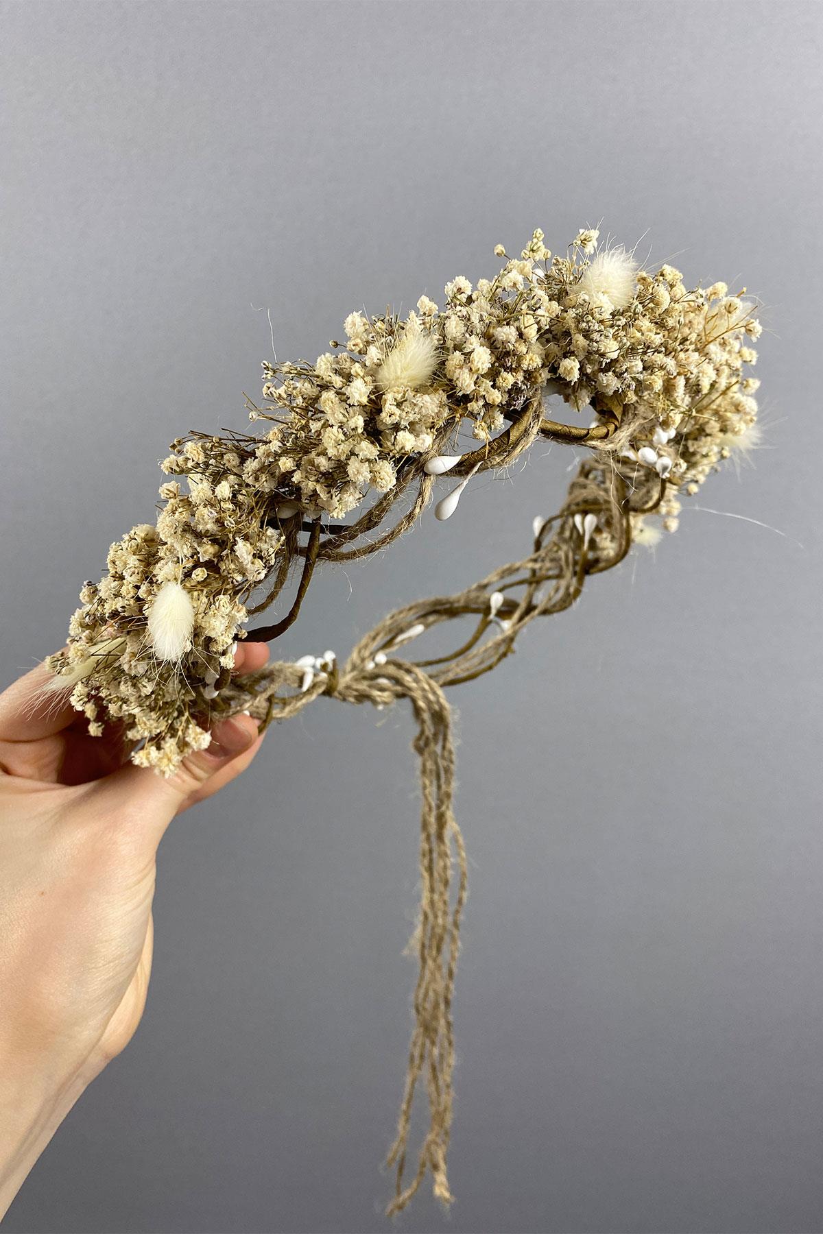 Krem Cipsolu Ve Pamuk Otlu Gelin Dış Çekim Tacı