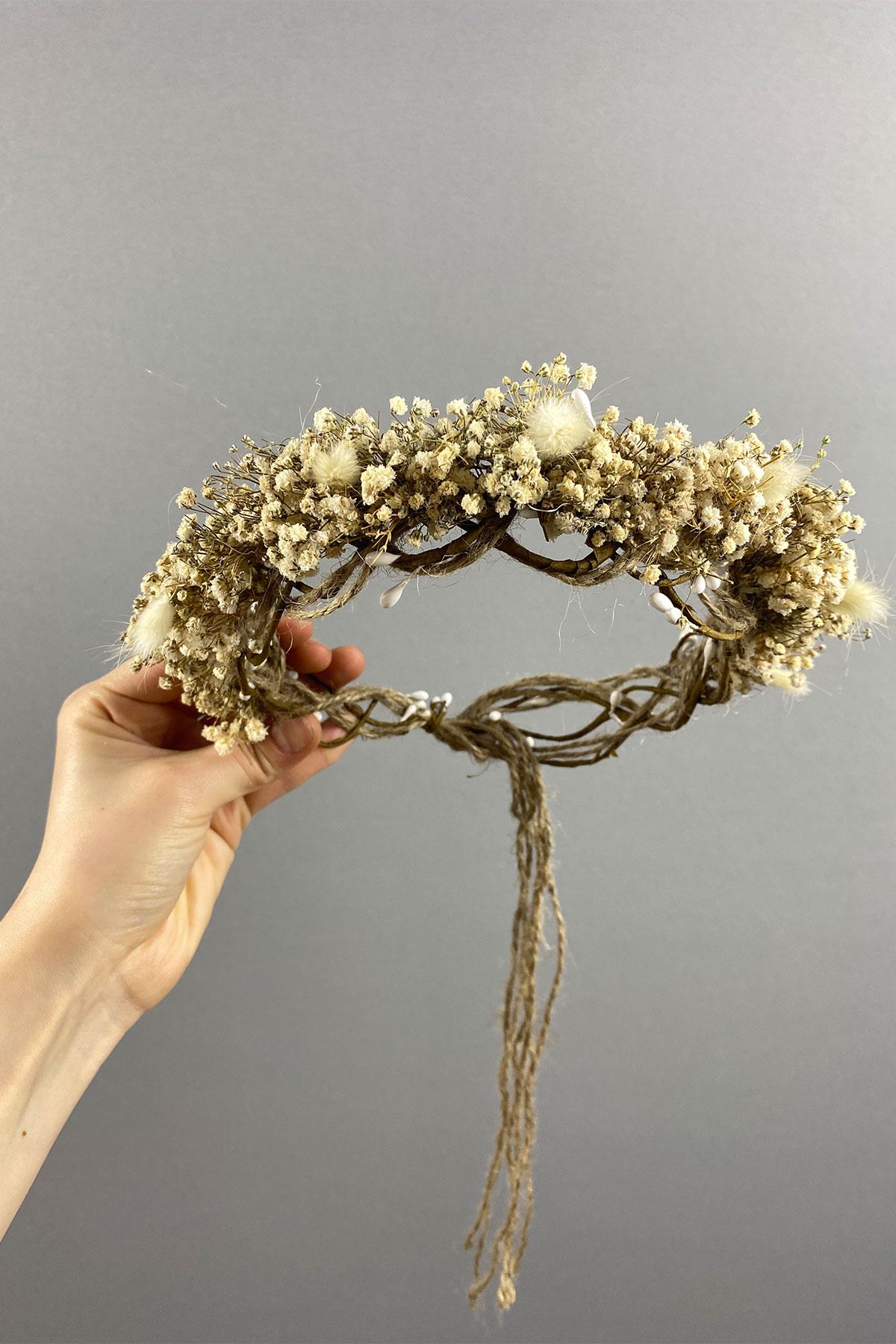 Krem Cipsolu Ve Pamuk Otlu Gelin Dış Çekim Tacı