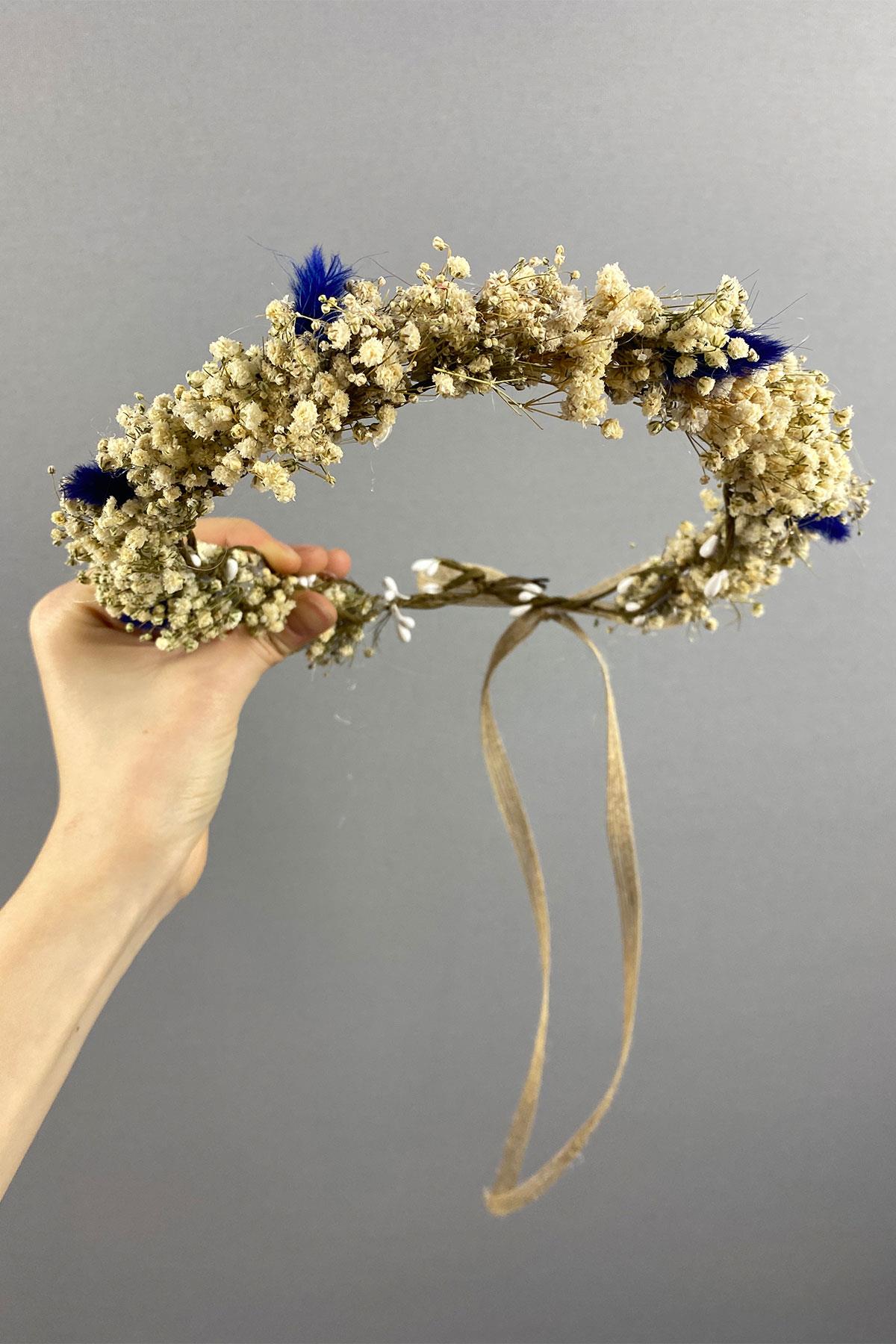 Krem Cipsolu Ve Pamuk Otlu Gelin Dış Çekim Tacı