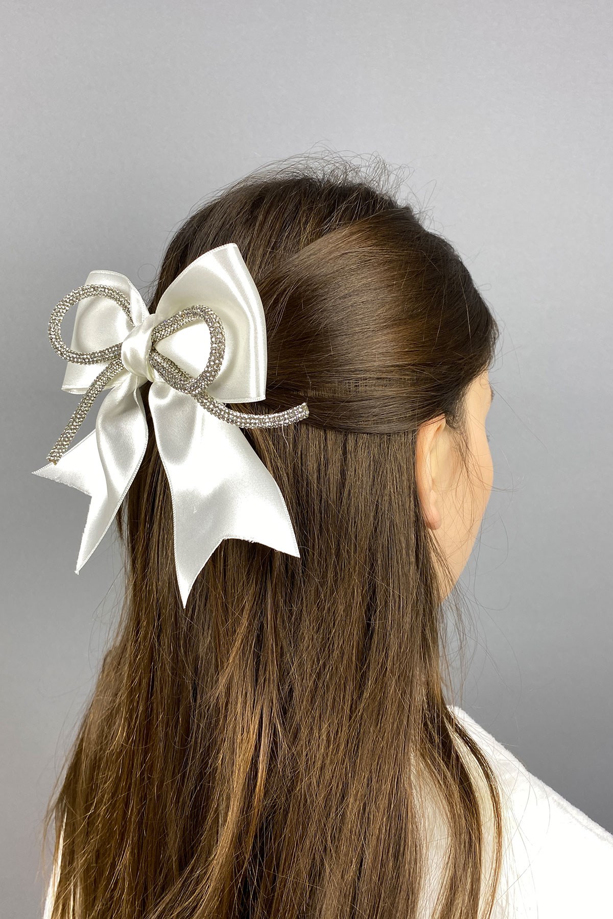 Krem Full Taşlı Fiyonklu Saç Tokası Aksesuar