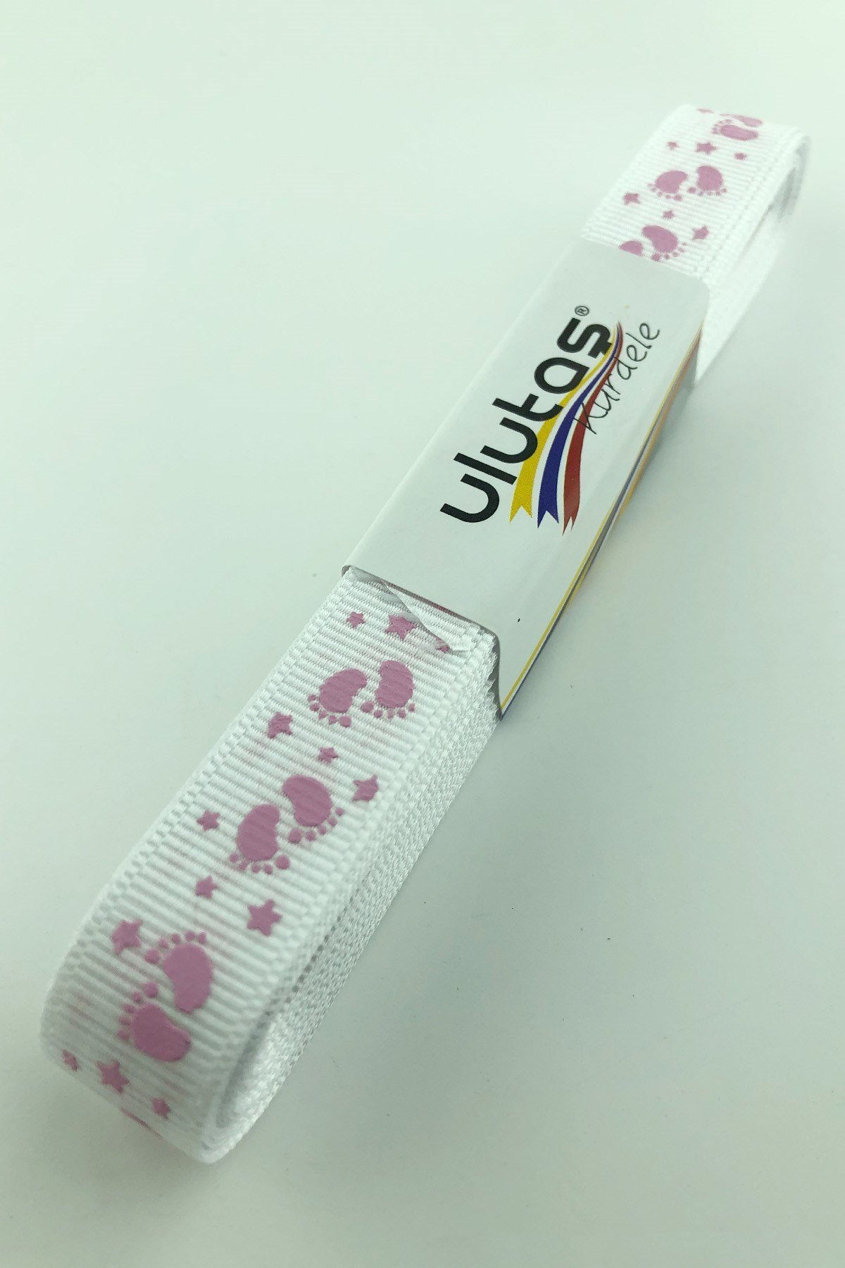 Krem Fuşya Bebek Ayağı Figür Baskılı Grogren Kurdele 1,5 cm