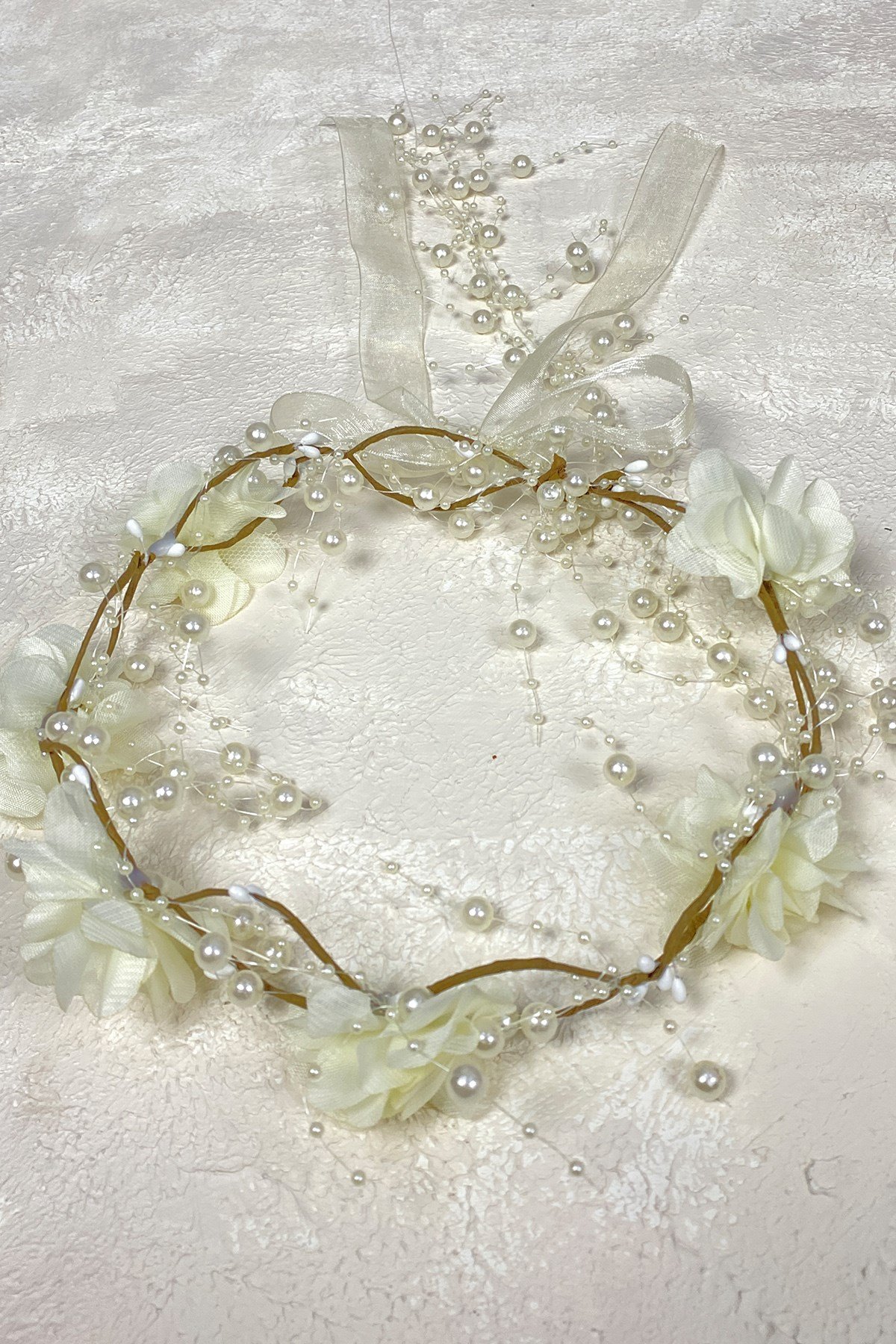 Krem Lazer Çiçekli Özel Tasarım Nedime Tacı 