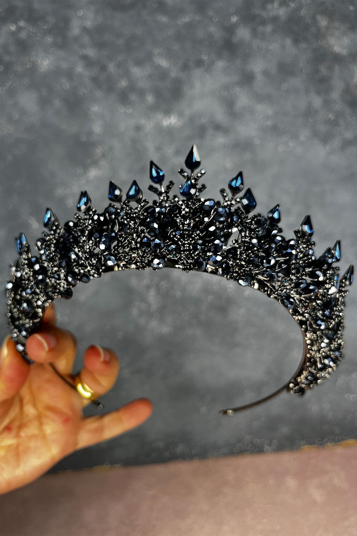 Lacivert Ala Boncuklu Tasarım Gelin Kına Tacı