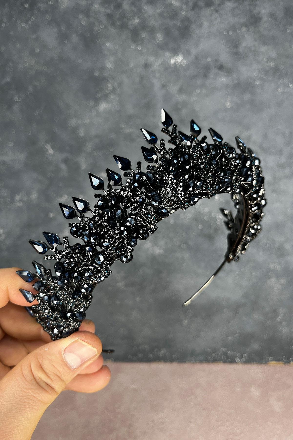 Lacivert Ala Boncuklu Tasarım Gelin Kına Tacı