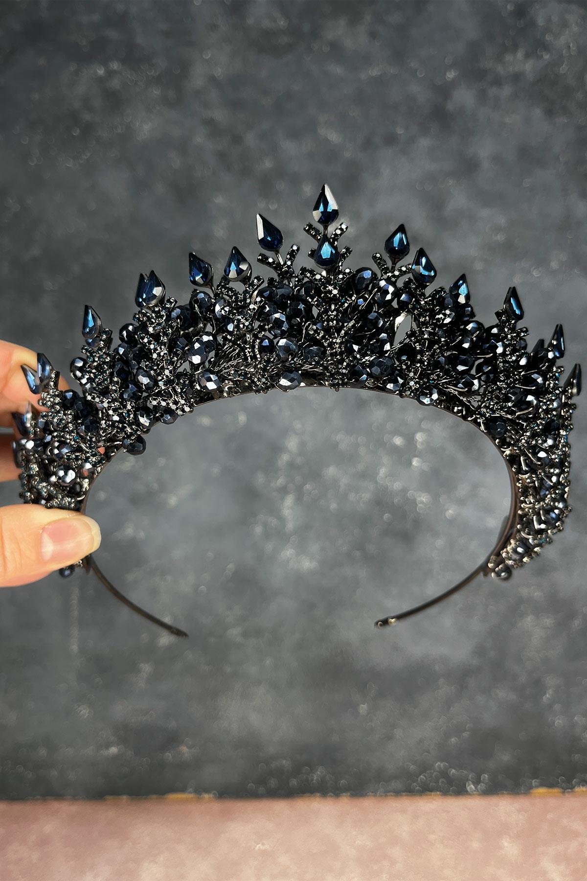 Lacivert Ala Boncuklu Tasarım Gelin Kına Tacı