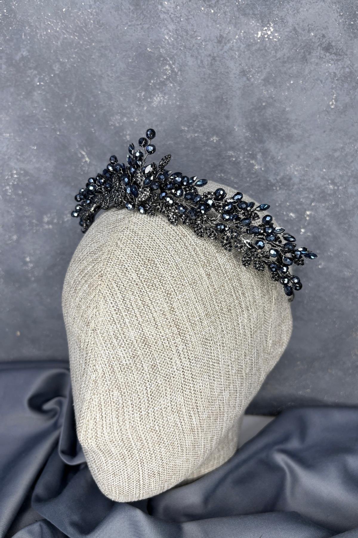 Lacivert Boncuk İşlemeli Duru Gelin Kına Tacı