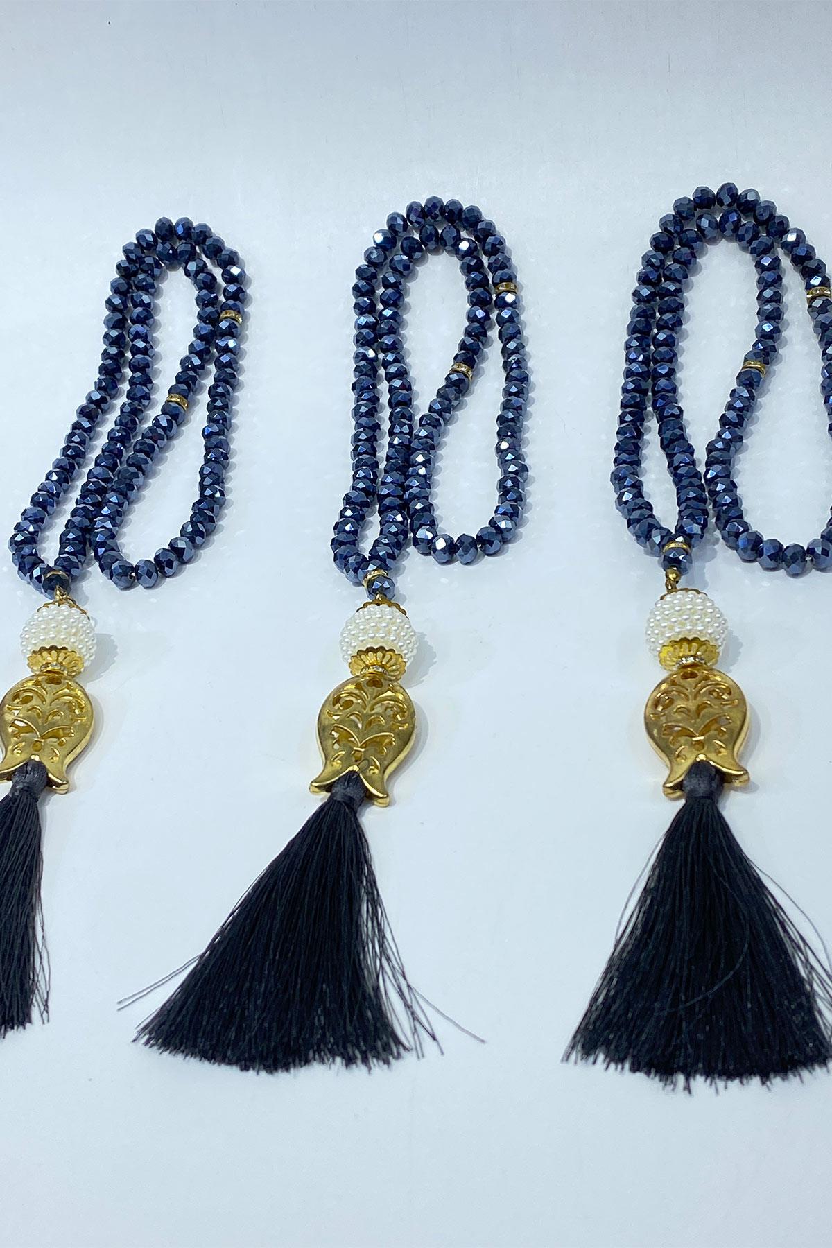 Lacivert Hediyelik Laleli Püsküllü Kristal Boncuklu 99 Lu Namaz Tesbihi ( Mevlüt-sünnet-hac-umre)