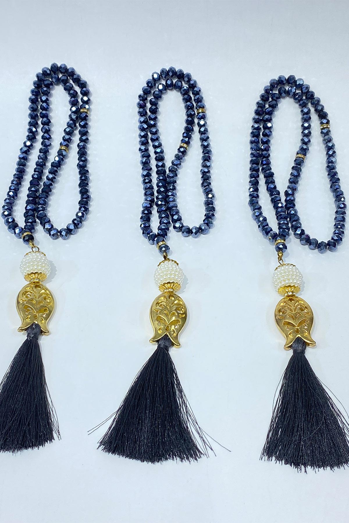 Lacivert Hediyelik Laleli Püsküllü Kristal Boncuklu 99 Lu Namaz Tesbihi ( Mevlüt-sünnet-hac-umre)