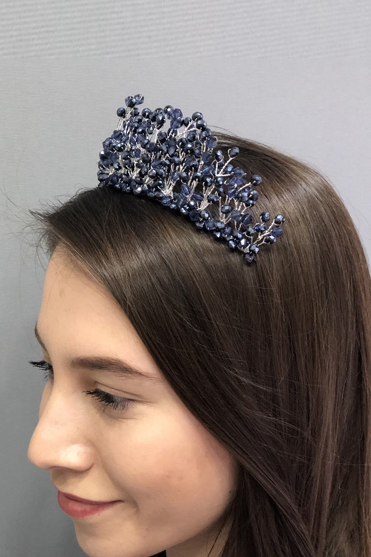 Lacivert Kristalli Prenses Model Gelin Tacı