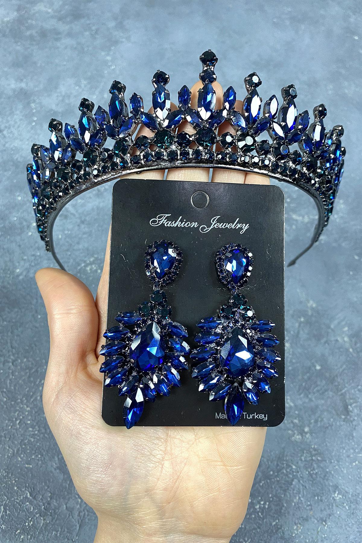 Lacivert Pedro Taşlı Gelin Kına Tacı Ve Abiye Küpe Seti