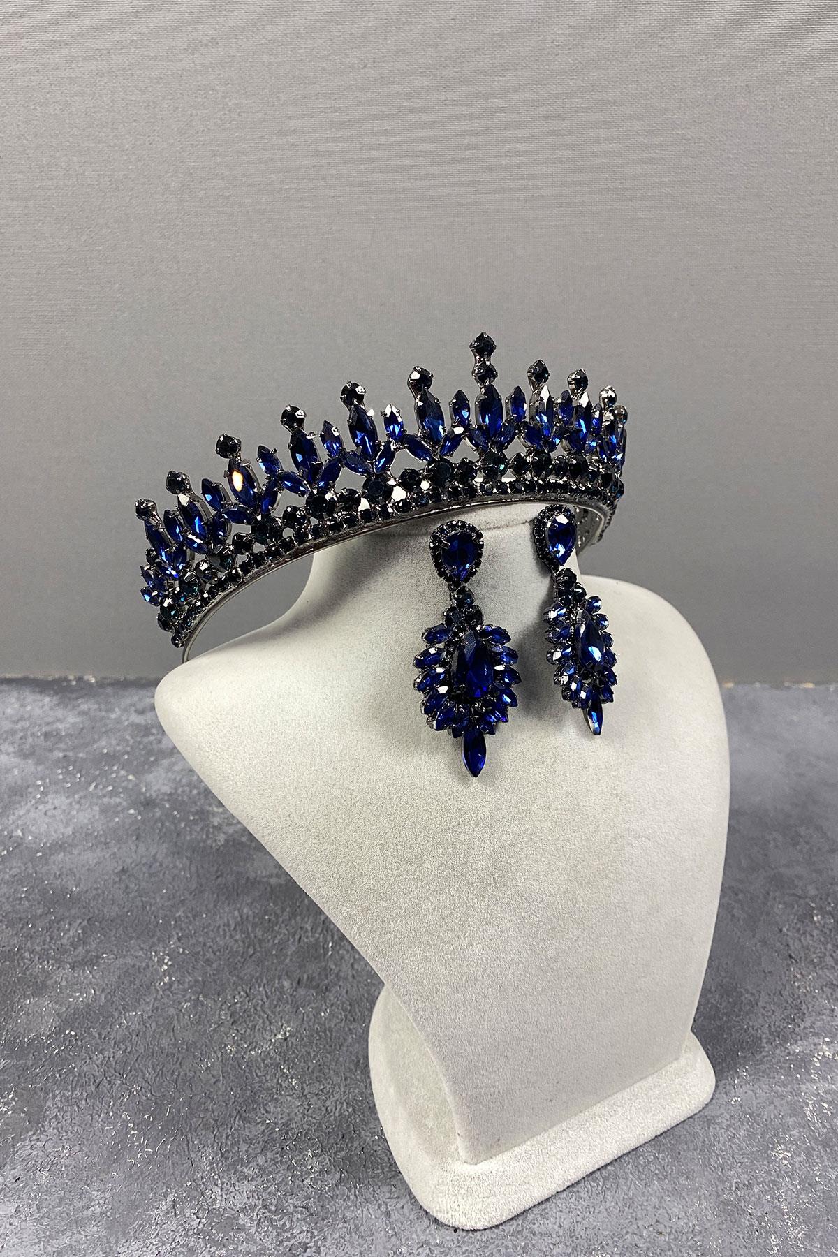 Lacivert Pedro Taşlı Gelin Kına Tacı Ve Abiye Küpe Seti