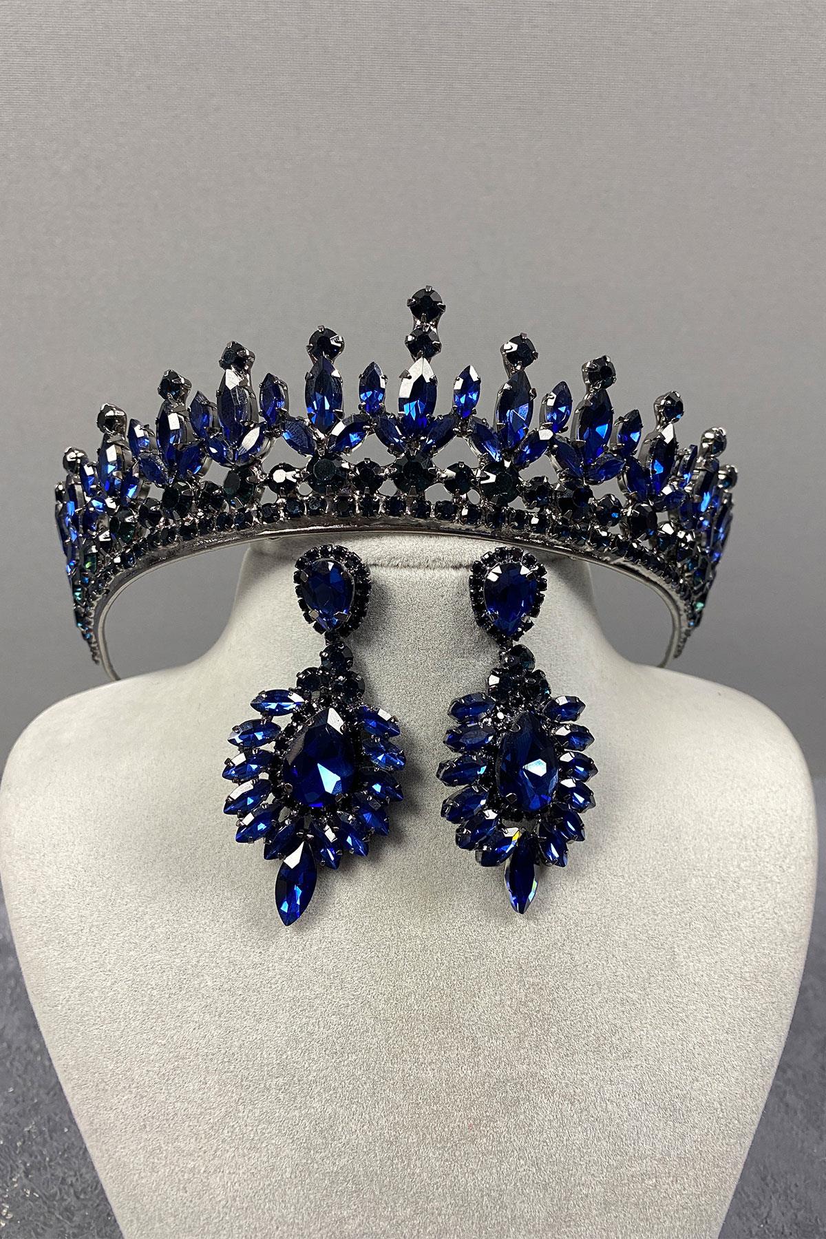 Lacivert Pedro Taşlı Gelin Kına Tacı Ve Abiye Küpe Seti
