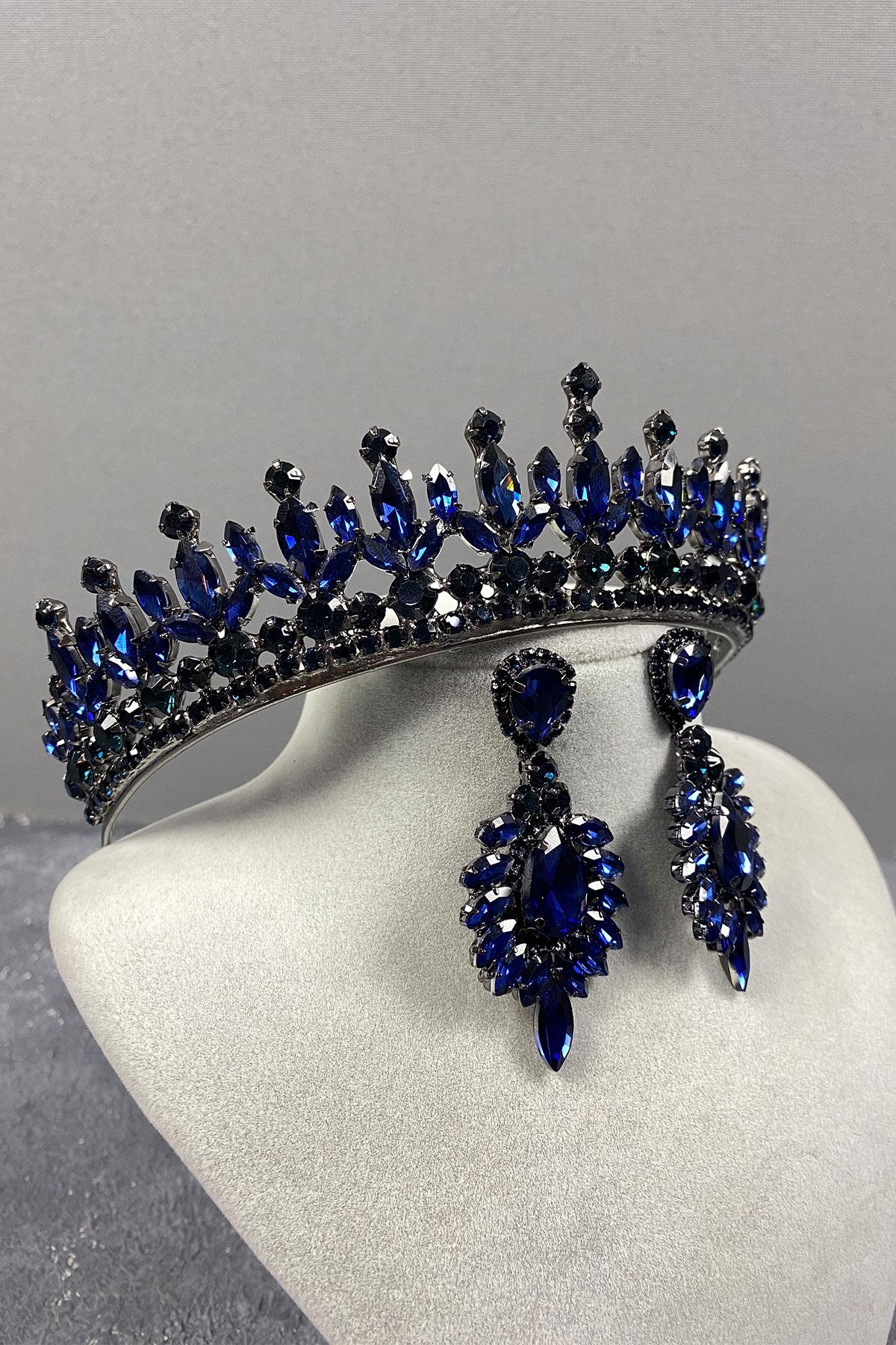 Lacivert Pedro Taşlı Gelin Kına Tacı Ve Abiye Küpe Seti