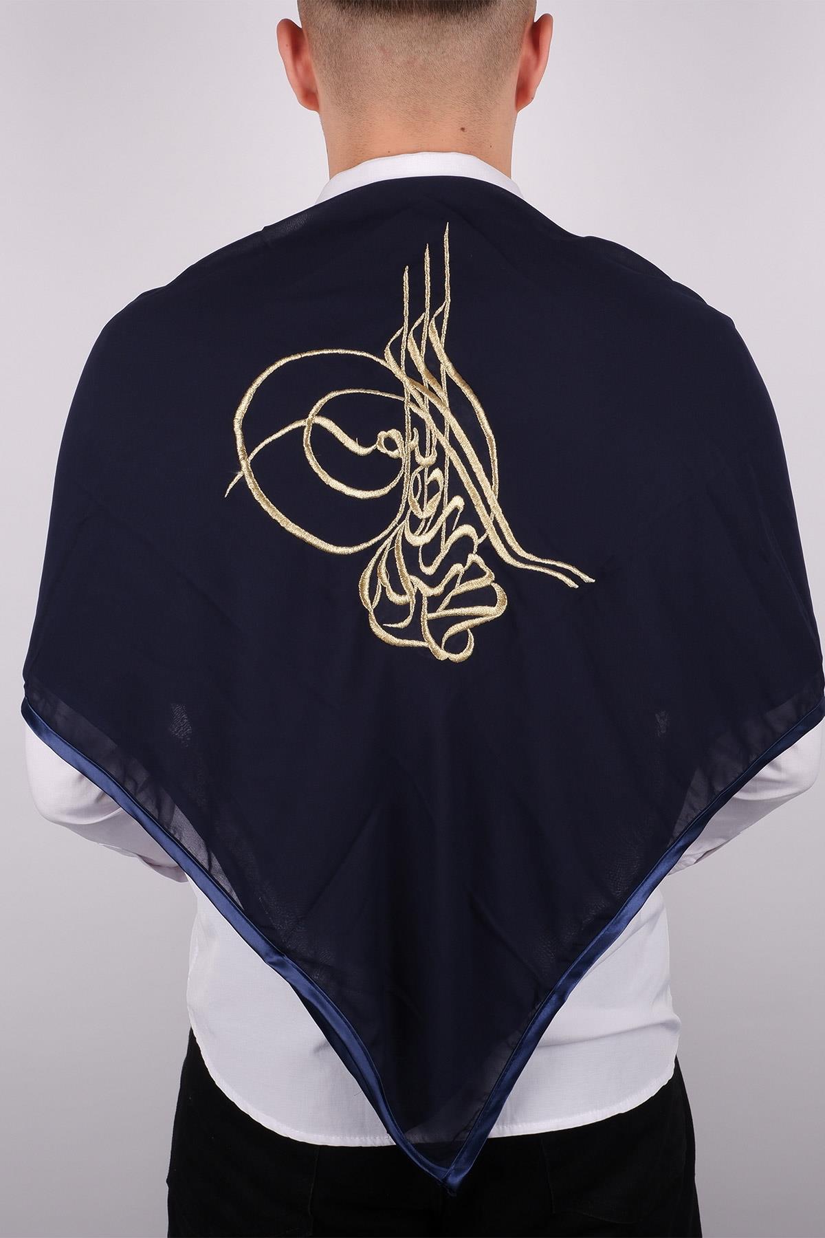 Lacivert Tuğralı Gold Nakışlı Biyeli Damat Örtüsü