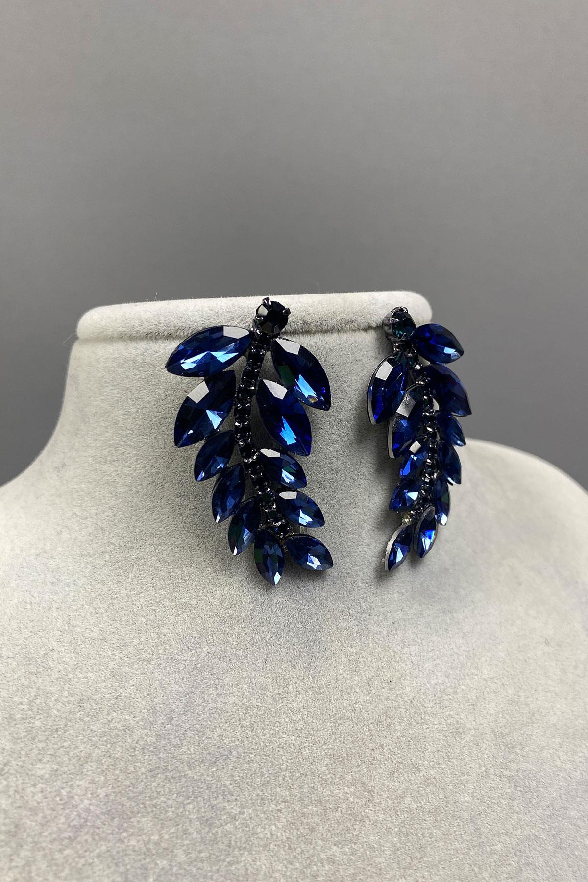 Lacivert Yaprak Desen Ela Abiye Taşlı Gelin Küpesi